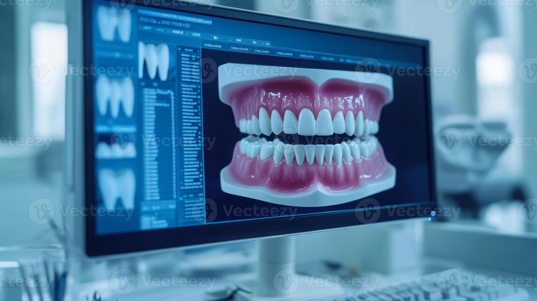 A detailed digital dental model showcases a set of teeth on a computer screen in a contemporary clinic. The high-tech environment highlights advancements in dentistry technology and patient care. photo