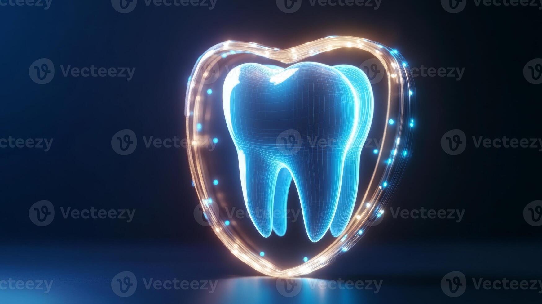 The visual showcases a futuristic depiction of a tooth outlined by a glowing heart shape, symbolizing advanced AI technology in dentistry for enhanced protection and care. photo