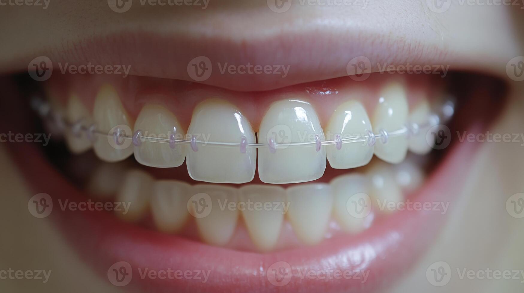 A close-up view of a person's smile reveals perfectly aligned teeth fitted with clear braces. The atmosphere is relaxed, typical of a dental consultation focused on orthodontic treatment. photo