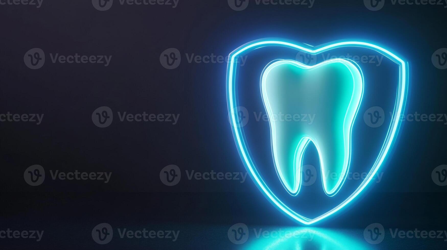 A glowing shield featuring a tooth design represents the concept of dental protection and innovation. The vibrant neon colors suggest a modern approach to oral care and technology in dentistry. photo