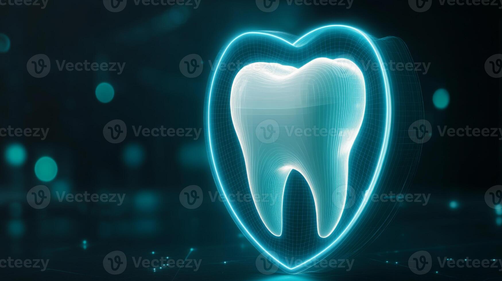 A glowing, digital representation of a tooth enclosed in a heart shape signifies the importance of dental health and protection. This artwork emphasizes advancements in dental technology and care. photo