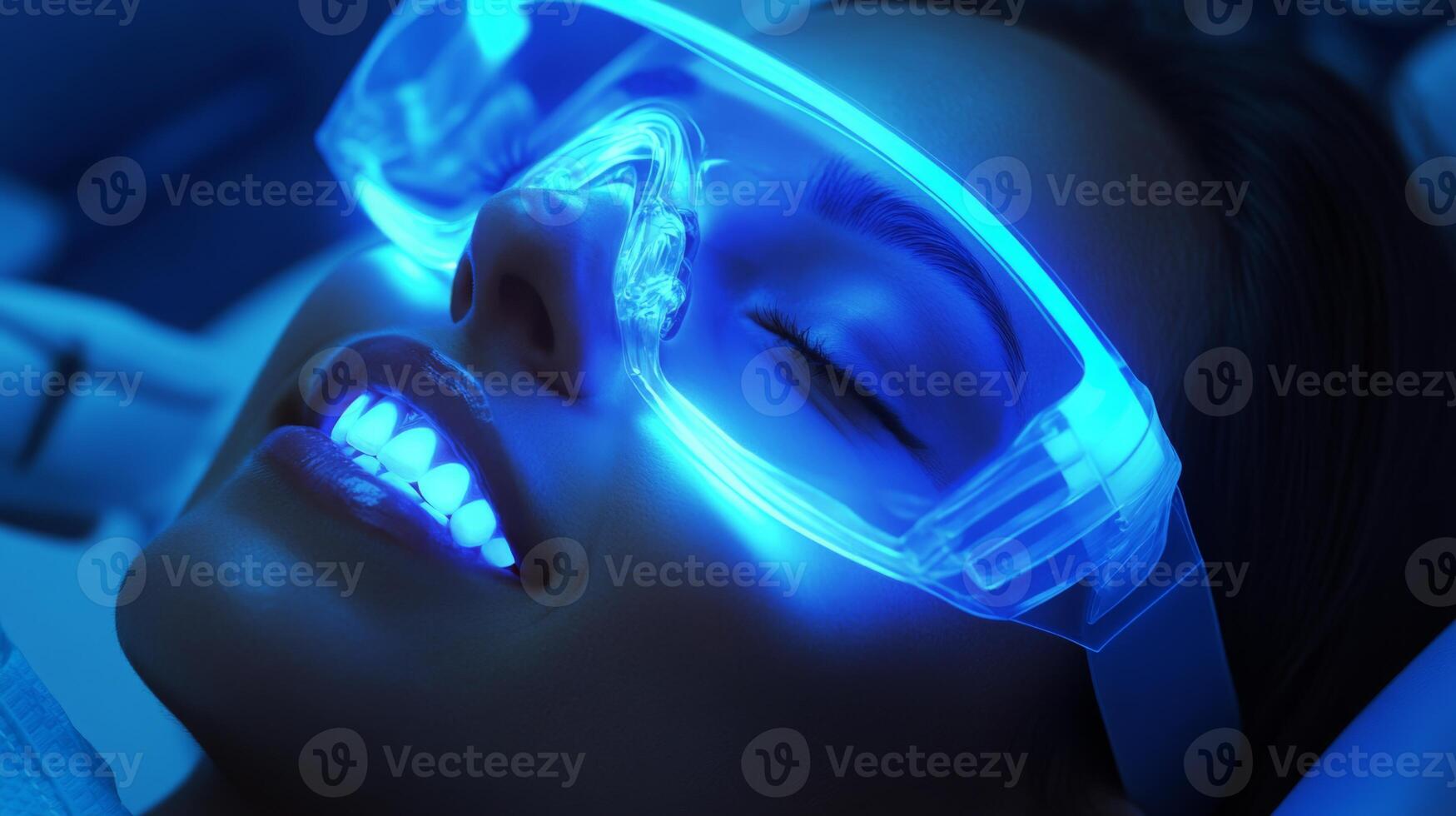 A patient relaxes in a dental chair while undergoing a modern laser treatment for teeth whitening. Blue light illuminates the area, showcasing the safe, effective dental procedure in progress. photo