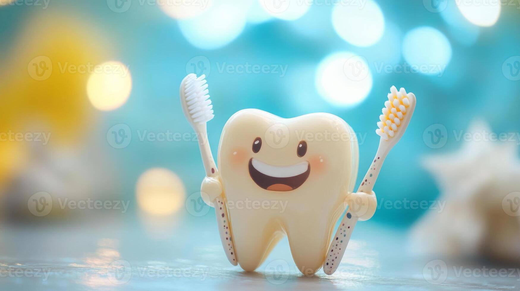 A cheerful cartoon tooth character smiles while holding toothbrushes in both hands. photo