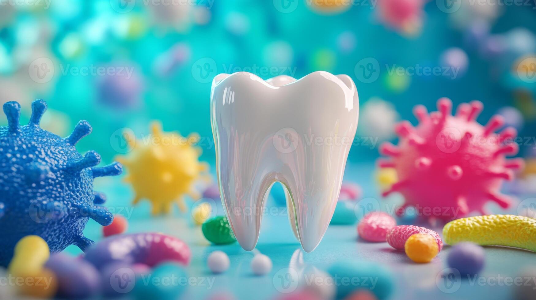 A white tooth stands prominently amidst vibrant colored germs and bacteria, symbolizing dental health and protection. This representation highlights the importance of oral hygiene and care. photo