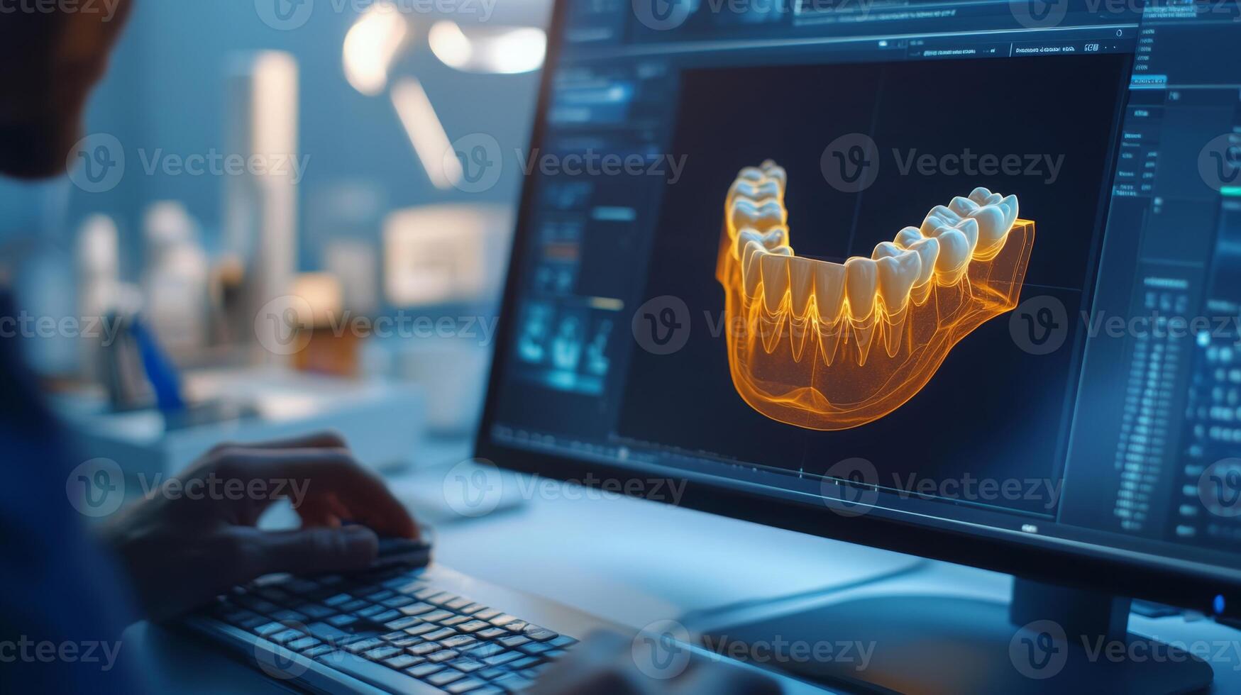 A dental professional utilizes advanced artificial intelligence and digital tools to design a detailed 3D model of a dental arch on a computer screen. This process enhances precision in dentistry. photo
