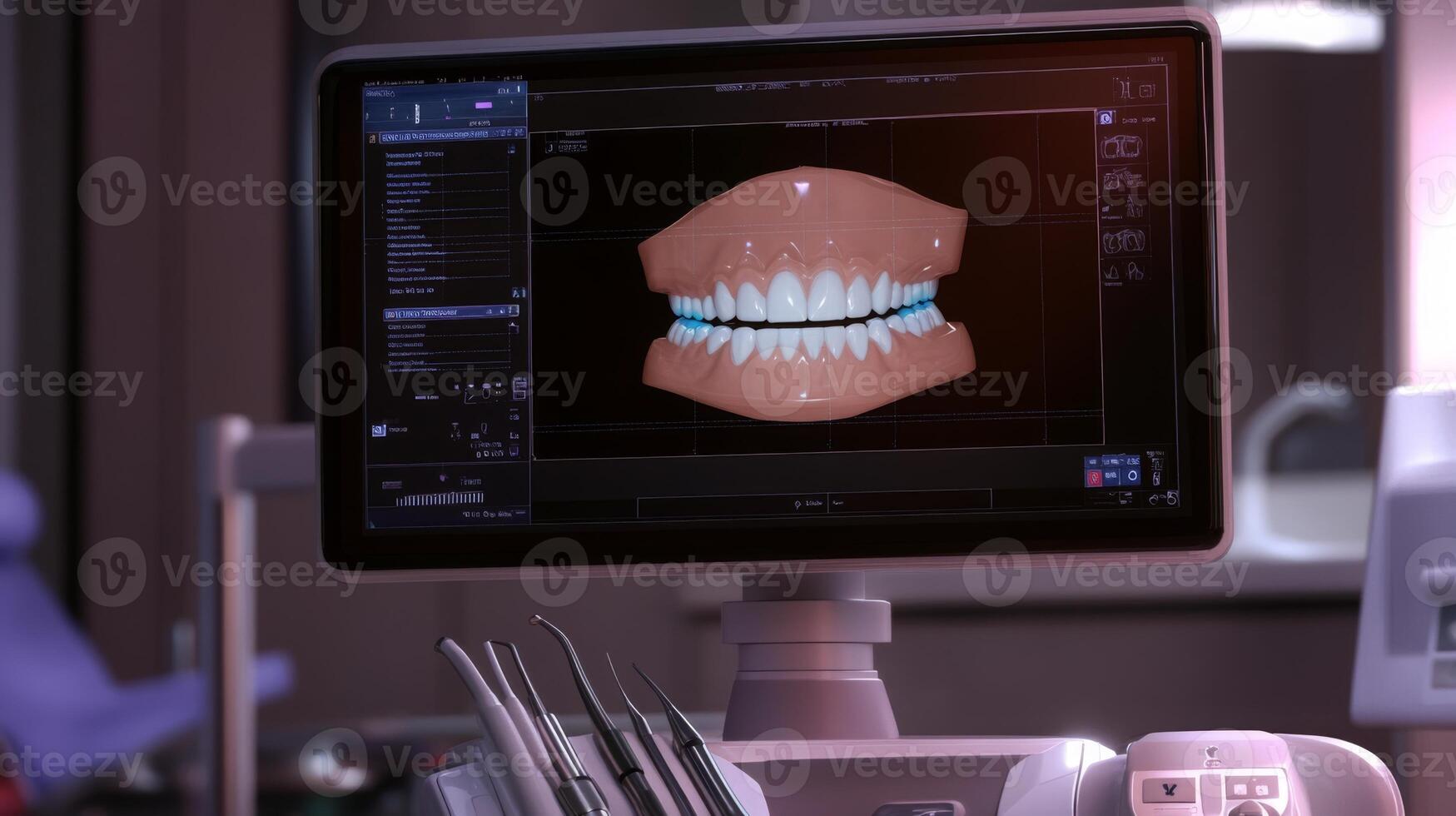 A digital screen displays a detailed 3D model of a dental structure in a modern dental clinic. The setting highlights the use of advanced technology in contemporary dentistry practices. photo