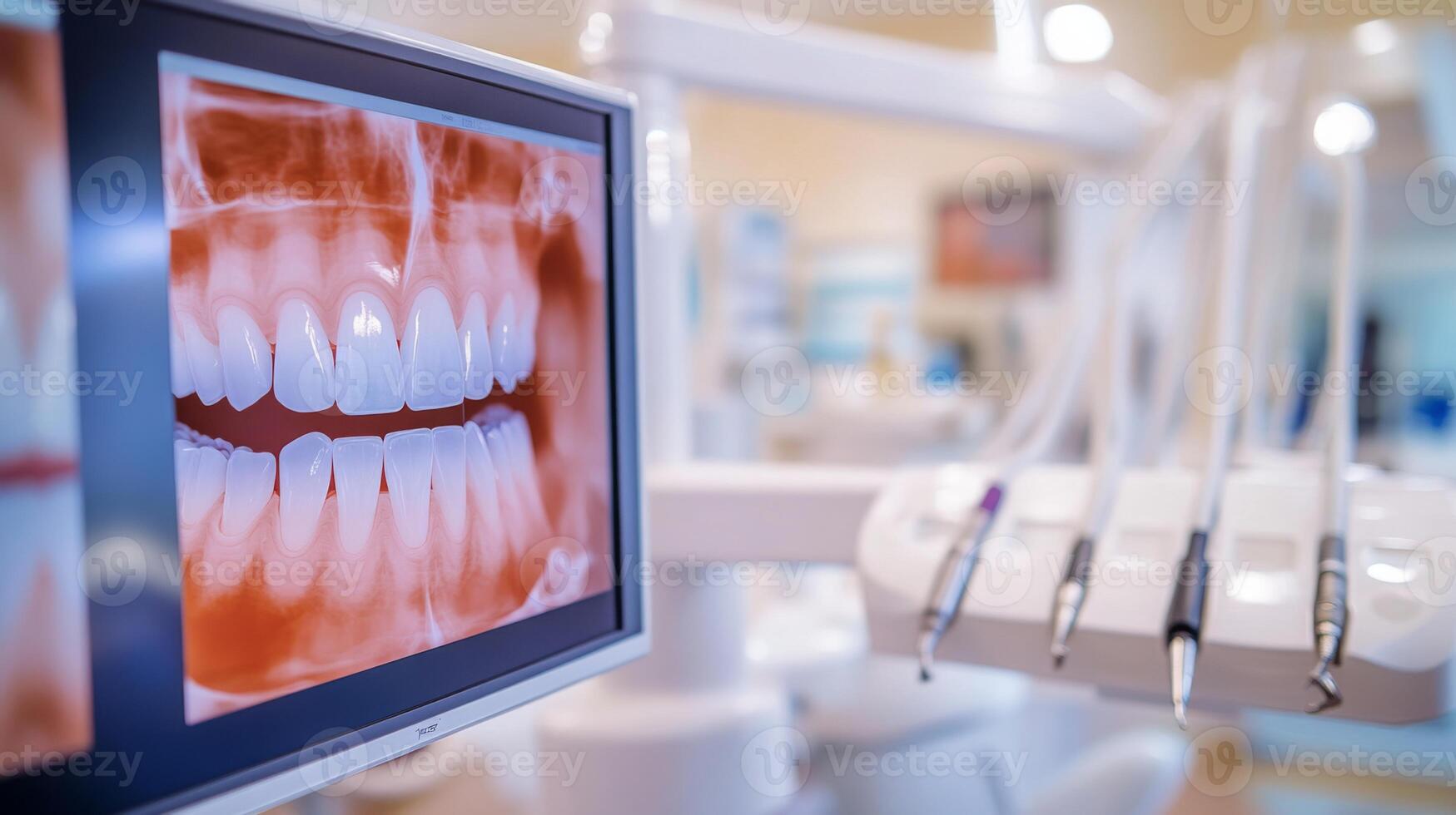 A high-tech dental clinic equipped with a digital imaging system displays a detailed X-ray of a patient's teeth. The clean, modern environment emphasizes innovative dental care techniques. photo