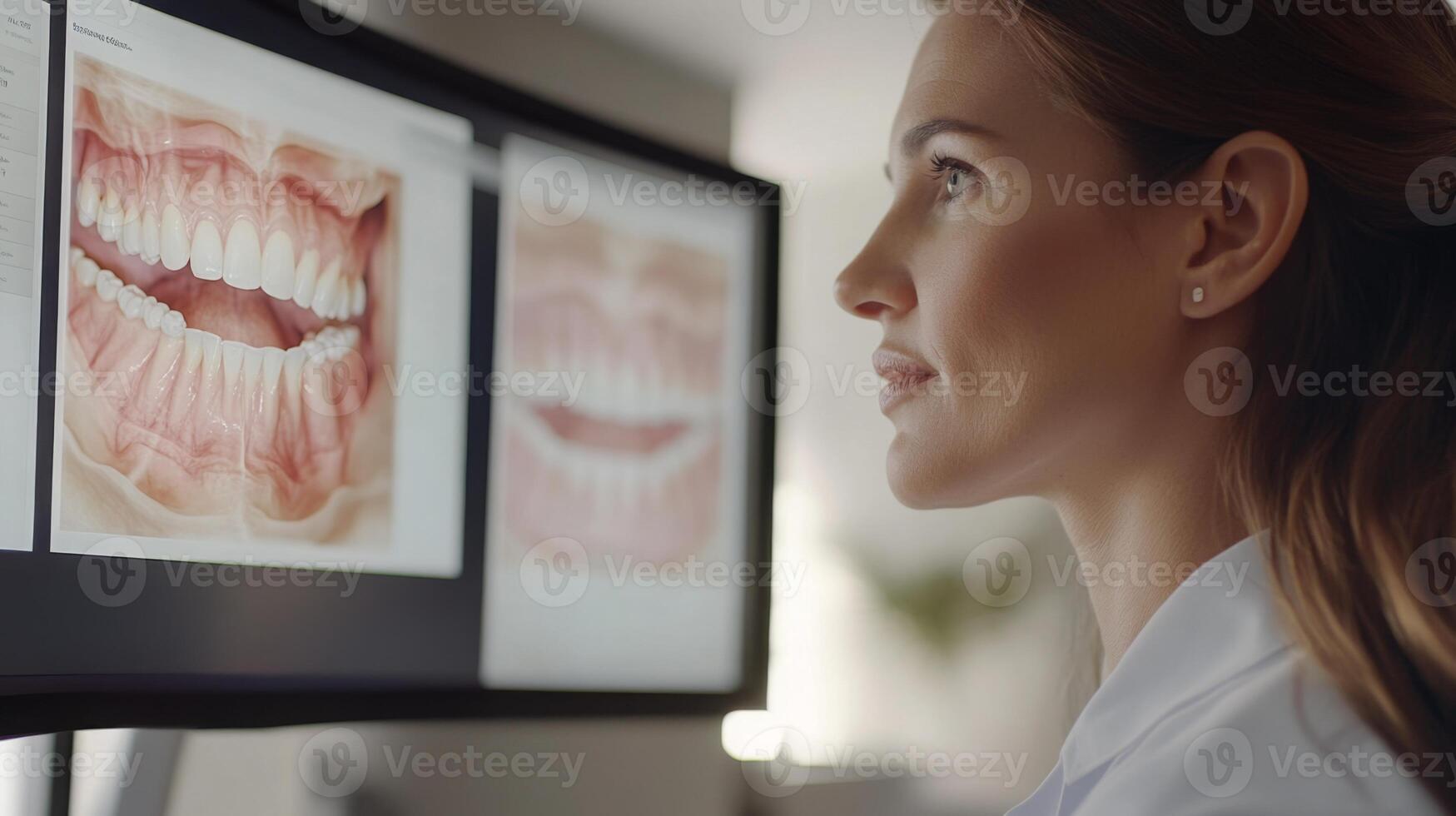 A dental professional focuses intently on digital displays showing detailed images of patient teeth and gums. photo