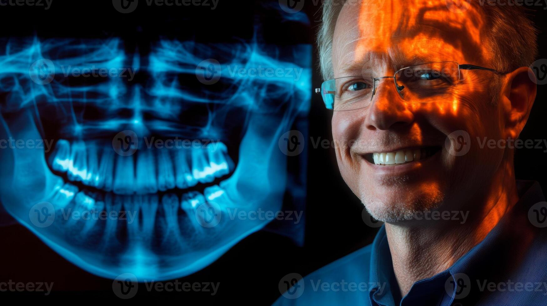 A dental professional stands next to a digital X-ray display, showcasing the integration of AI in modern dentistry. The setting highlights the focus on oral health and innovative techniques. photo