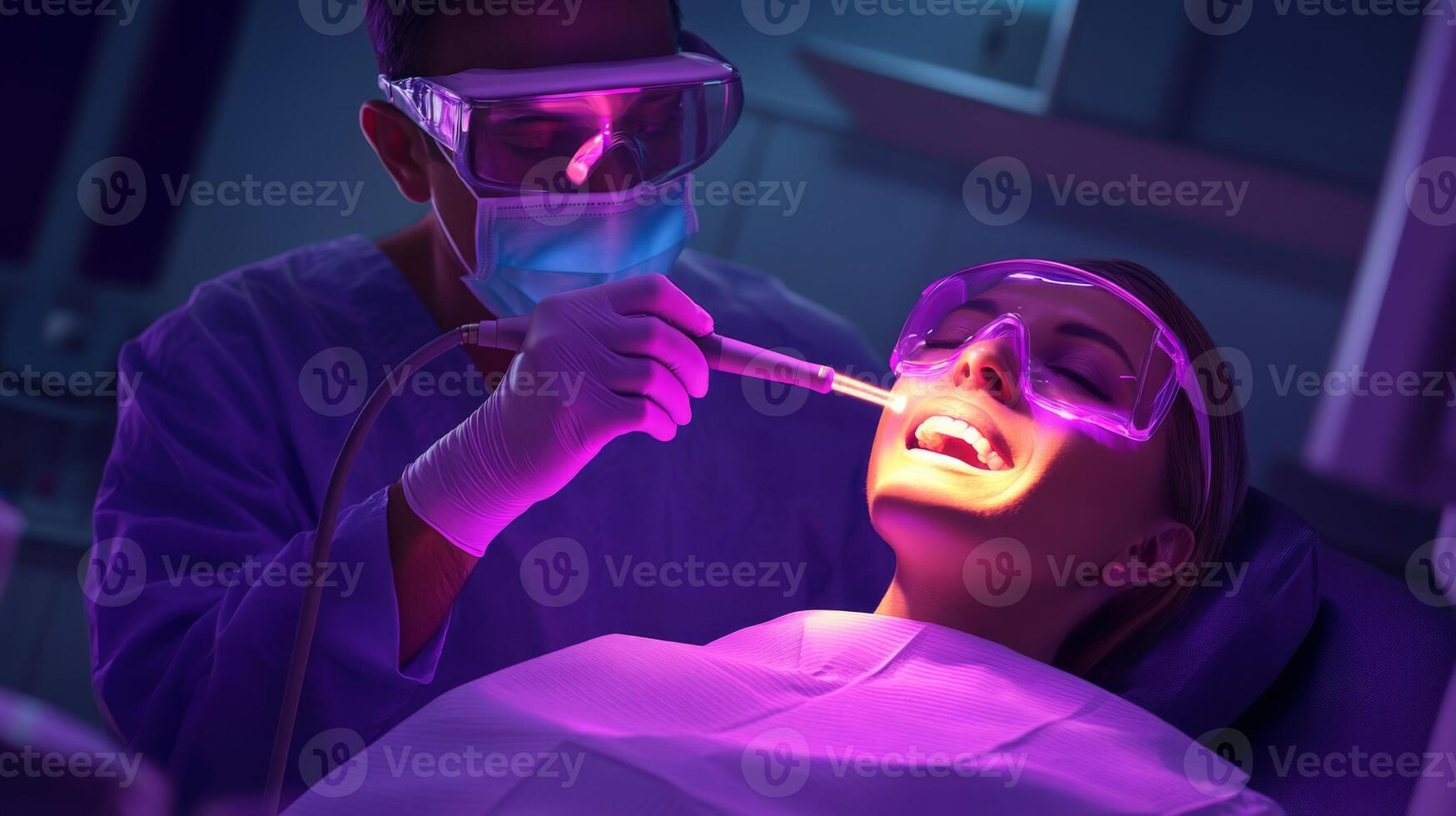 A dental professional uses a laser tool while treating a patient in a state-of-the-art clinic. The room is dimly lit with purple lighting, enhancing the futuristic atmosphere. photo