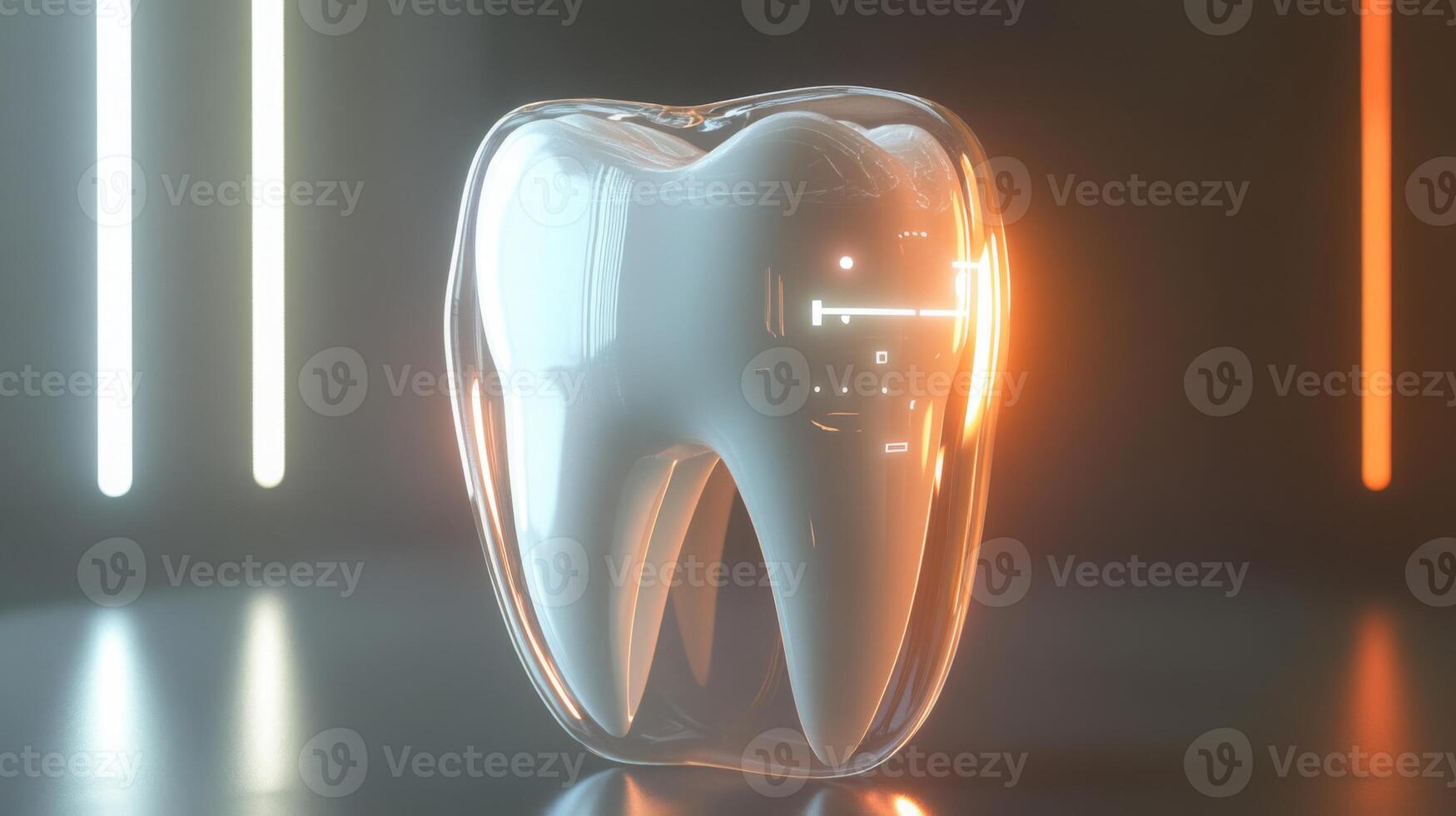 A transparent tooth model is illuminated by contrasting lights, representing innovative dental protection. photo