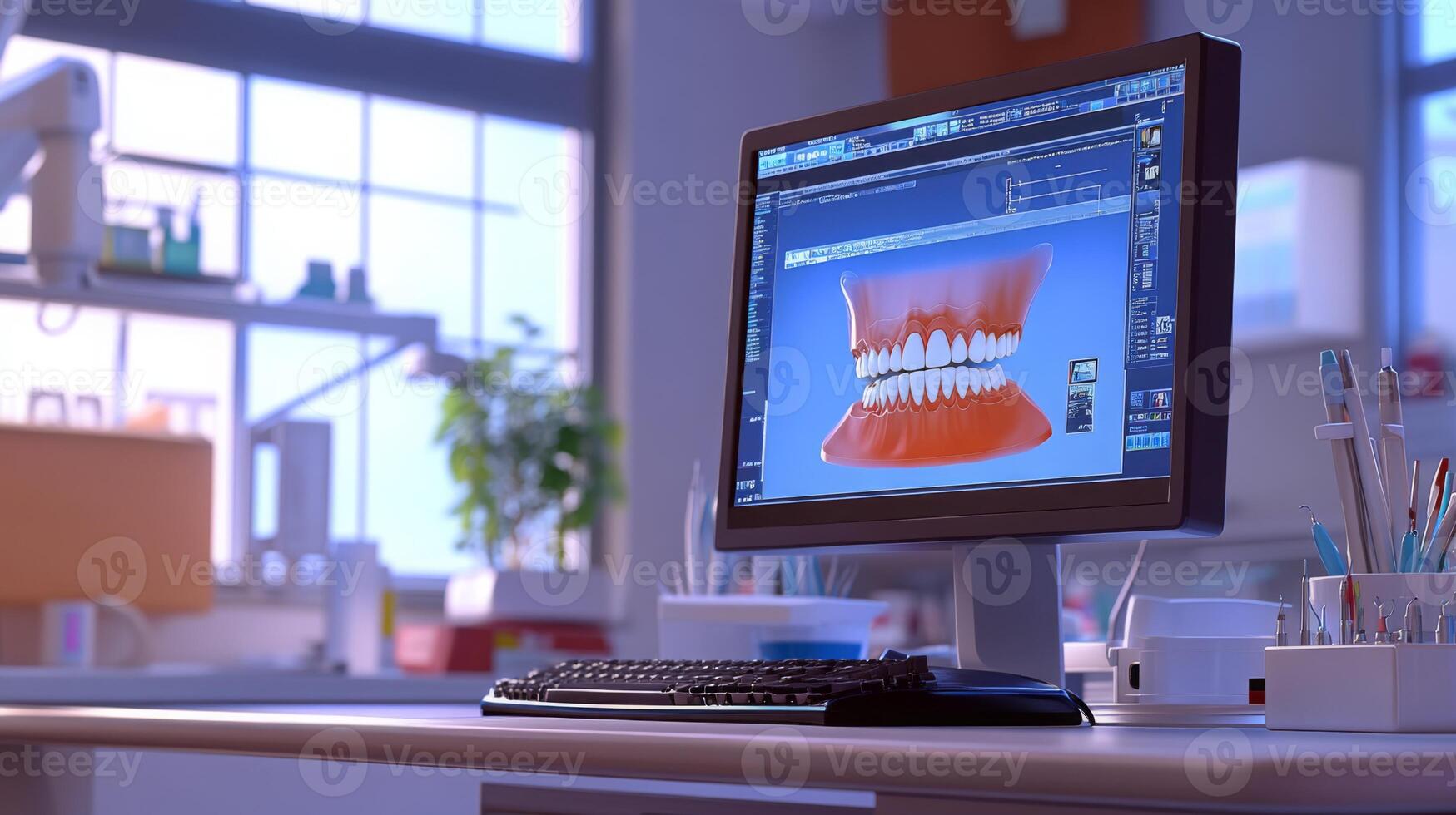 A computer displays a detailed digital rendering of teeth in a bright dental office. photo