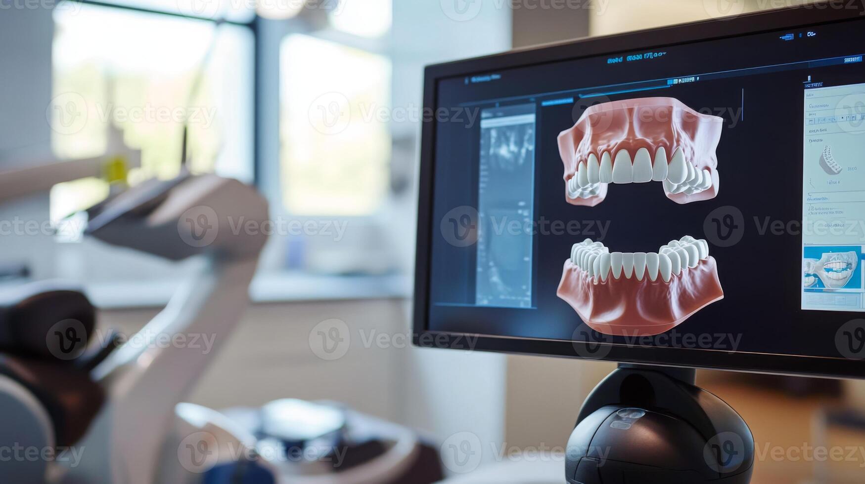 A state-of-the-art dental office features advanced digital imaging on a monitor. photo