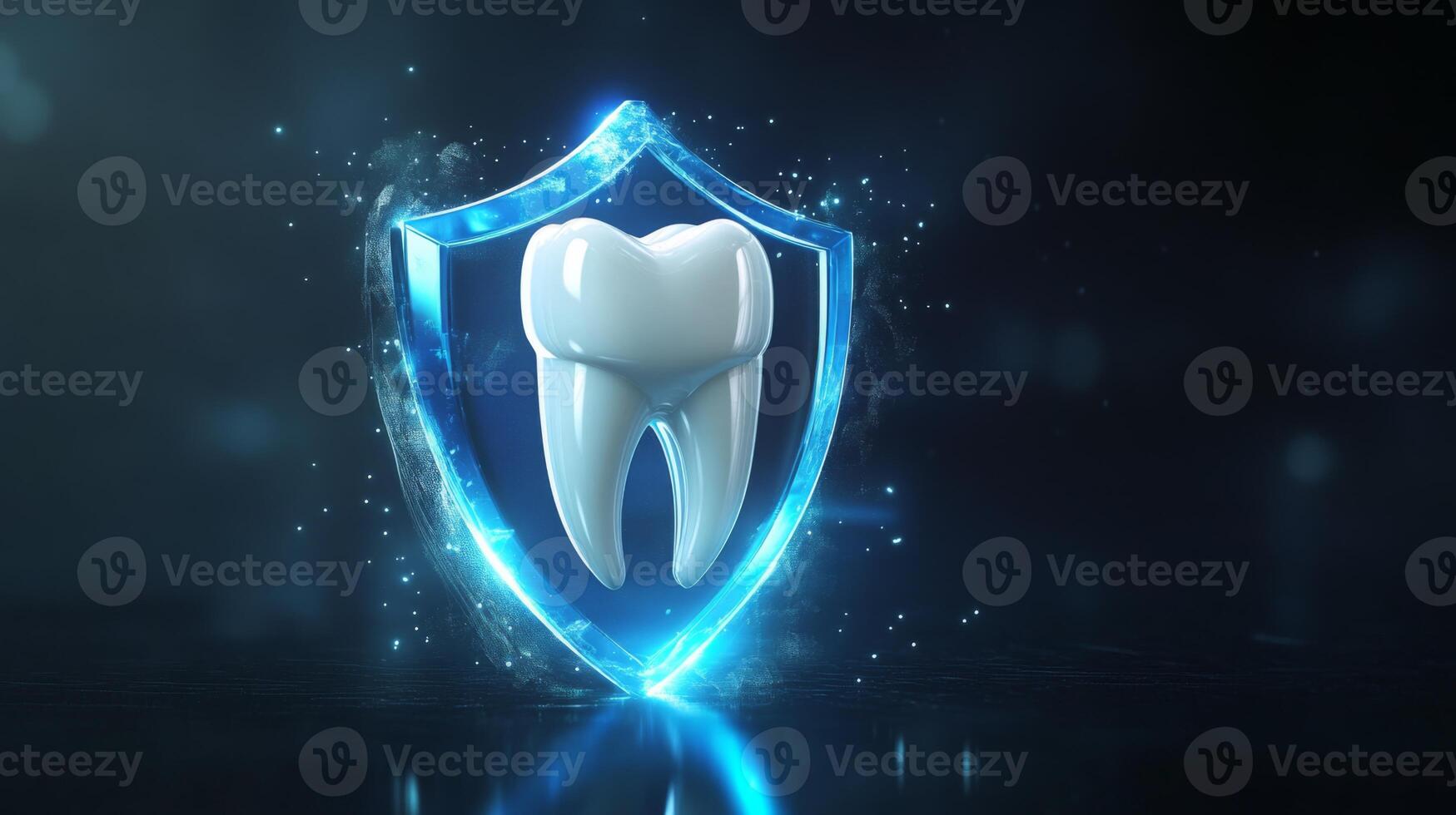 This illustration showcases a 3D tooth icon set within a blue shield, symbolizing the use of artificial intelligence to improve protection and safety standards in dental care. photo