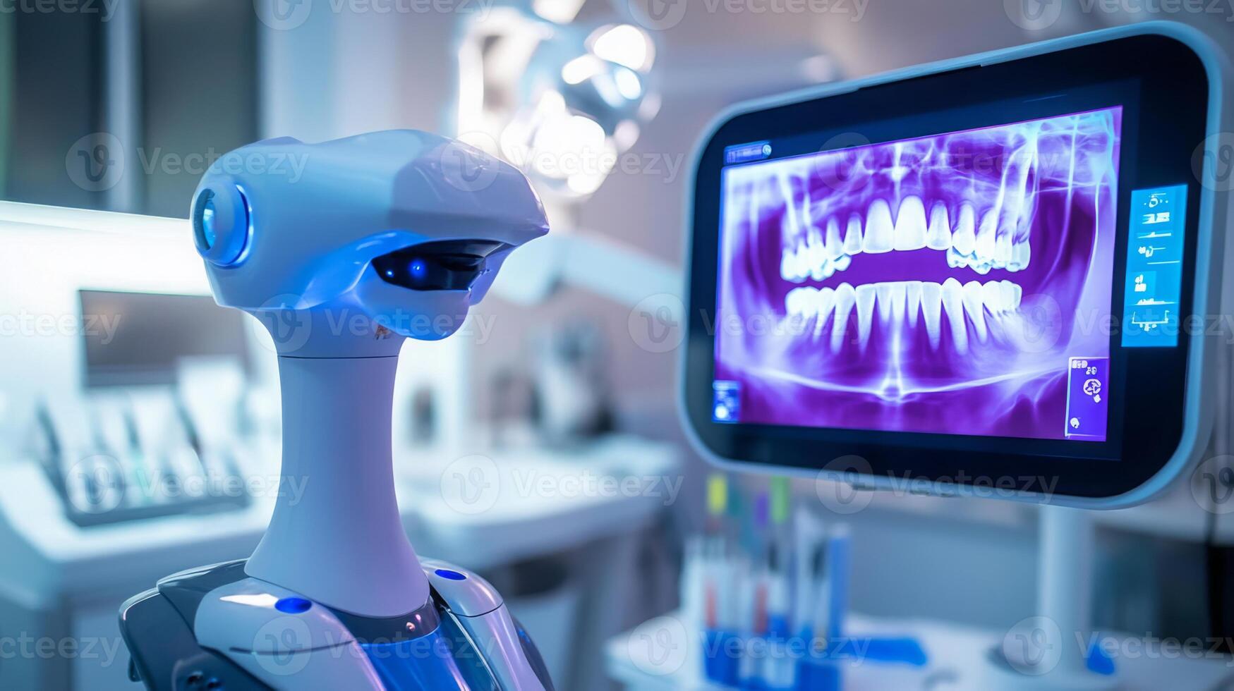 A futuristic dental clinic features a robotic assistant positioned next to a digital screen displaying dental x-rays. photo