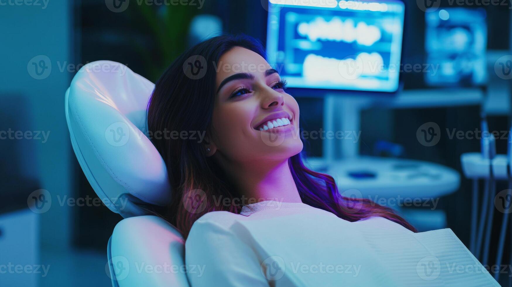 A patient relaxes in a dental chair, smiling as advanced technology surrounds her in a modern clinic. This setting showcases the blend of comfort and efficiency in contemporary dental care. photo