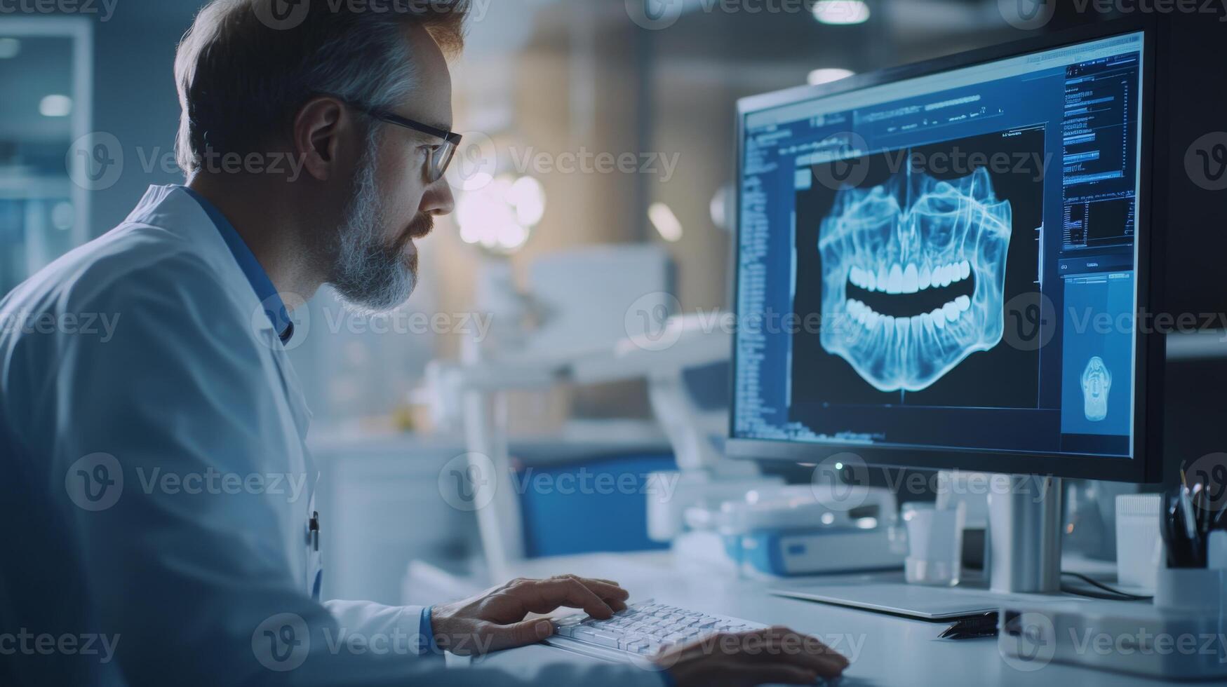A dental professional focuses intently on a computer screen displaying a detailed dental imaging. photo