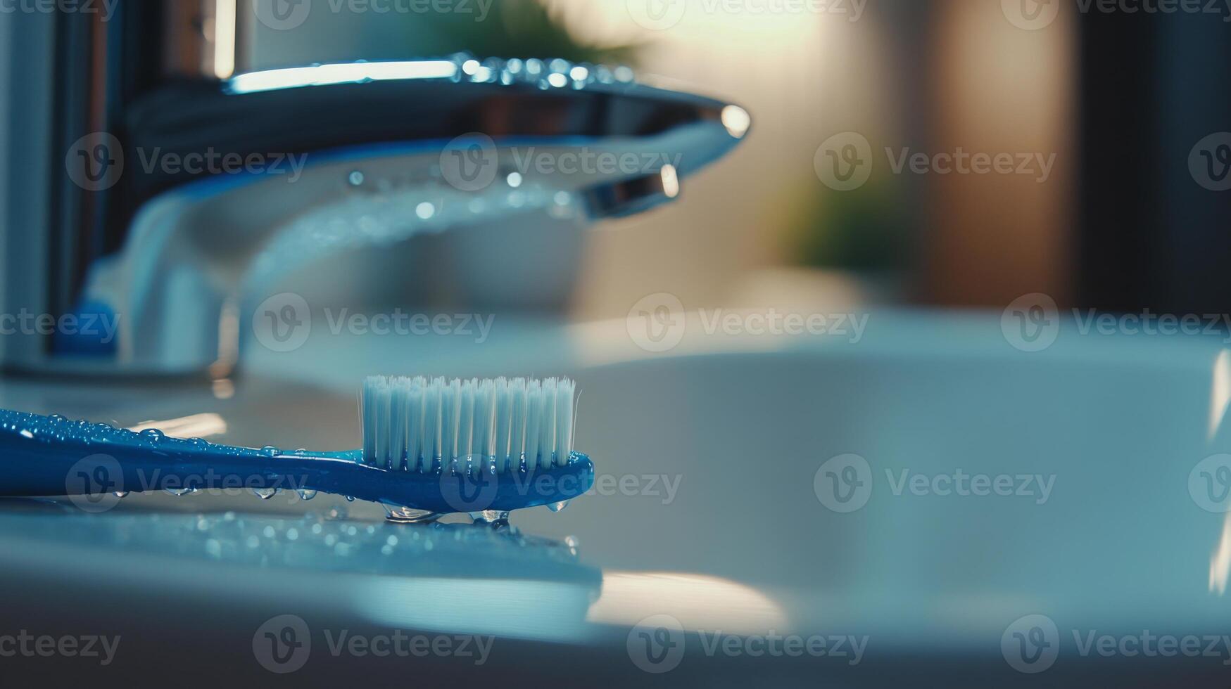 A blue toothbrush rests on the edge of a sink while water flows gently from a shiny faucet. The modern bathroom ambiance highlights the importance of daily dental care and cleanliness. photo