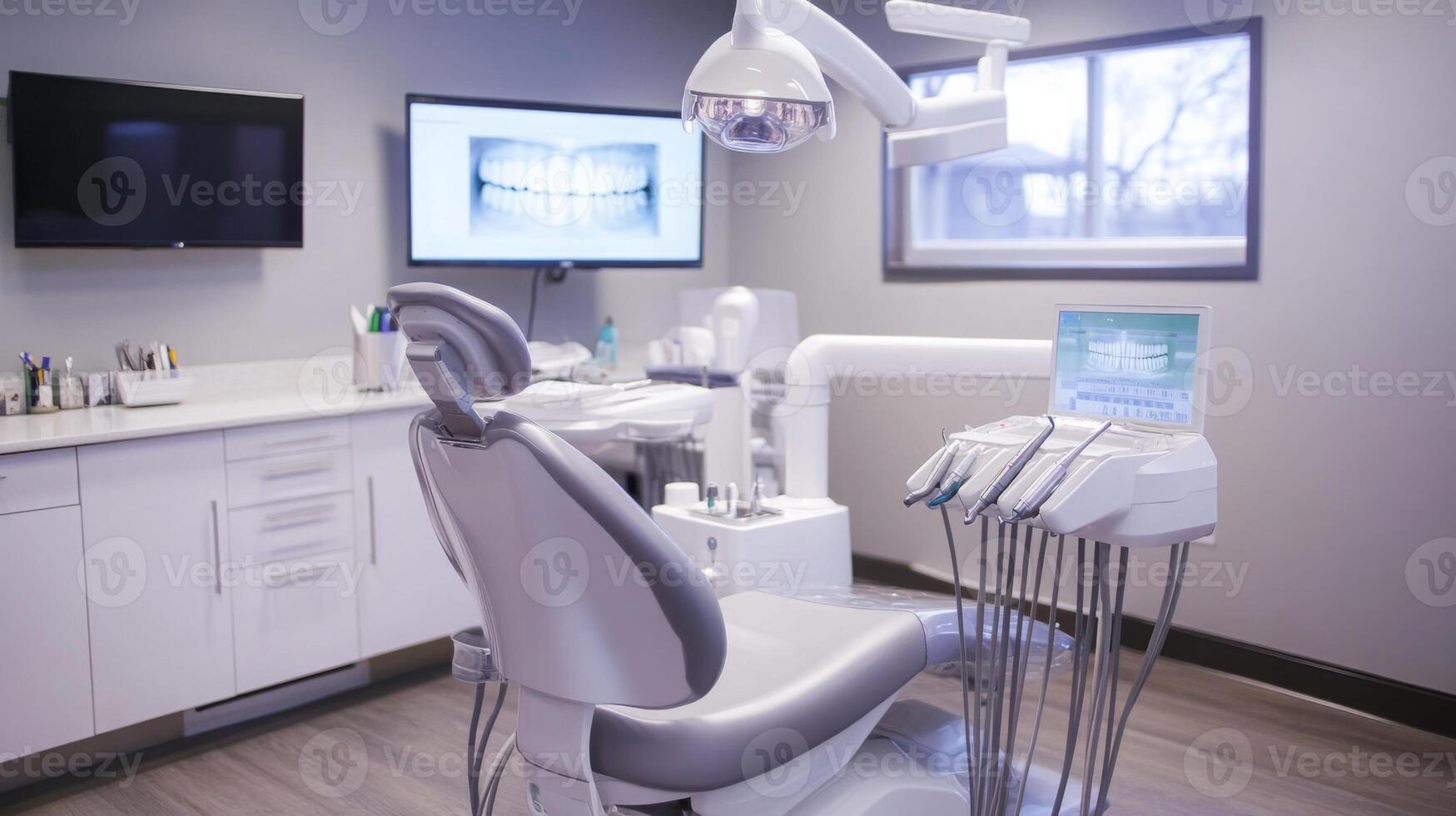 Modern dental office featuring state-of-the-art equipment, digital imaging screens, and a comfortable patient chair. The space is designed for innovative dental care and treatment efficiency. photo