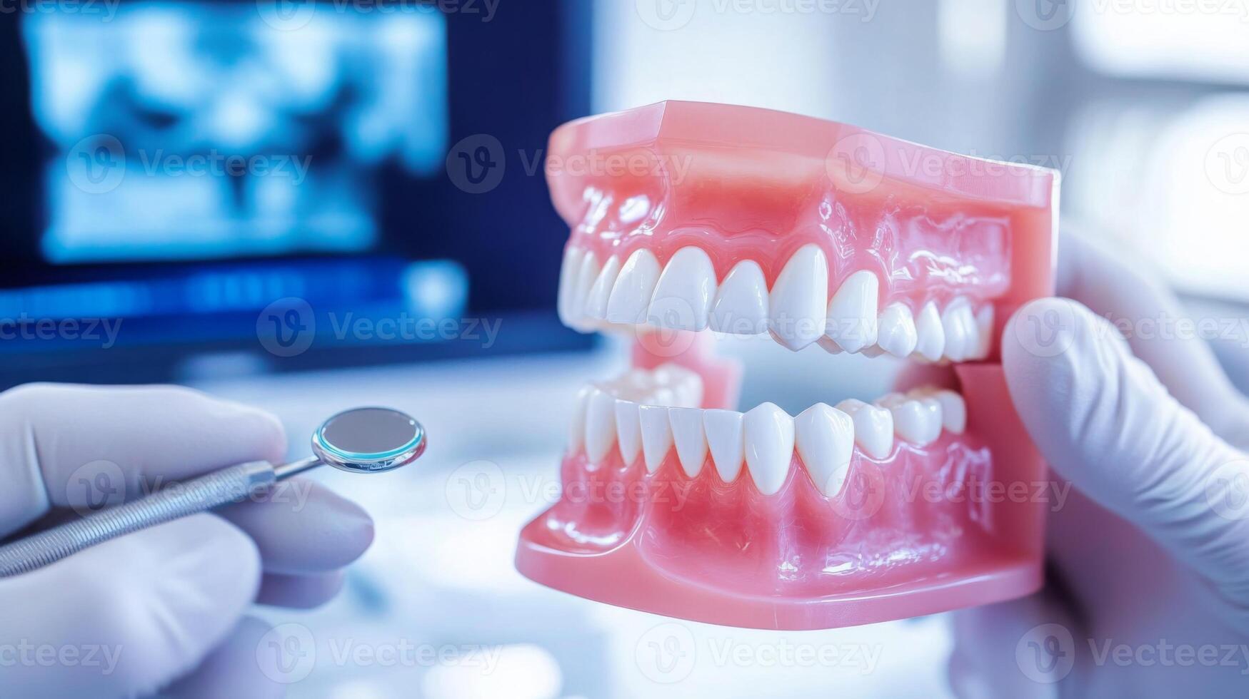 A dental professional examines a model of human teeth using a mirror tool in a modern clinic. The use of digital technology streamlines diagnosis and treatment processes for patients. photo