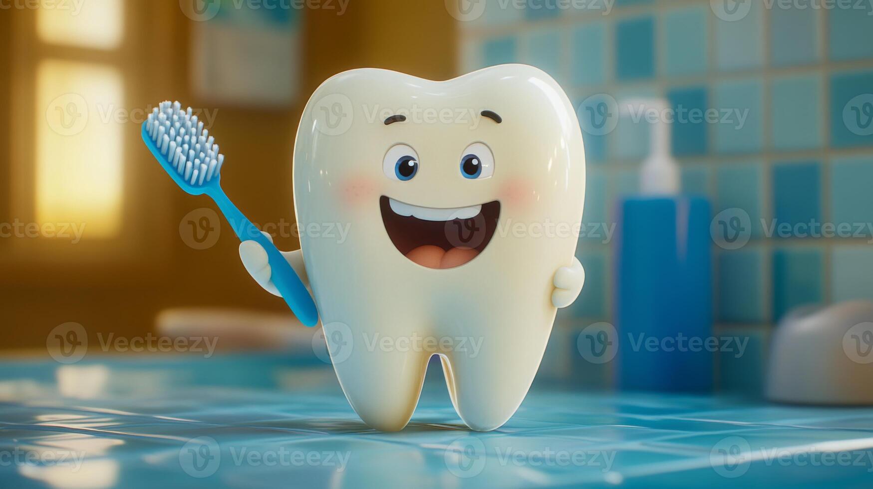 A cheerful tooth character holds a blue toothbrush in a colorful bathroom. photo