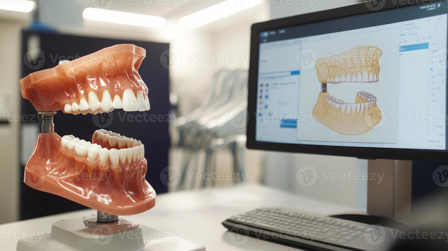 A digital dental model showing upper and lower jaws is positioned next to a computer screen in a contemporary clinic. The screen displays a detailed graphical representation of the dental structure. photo