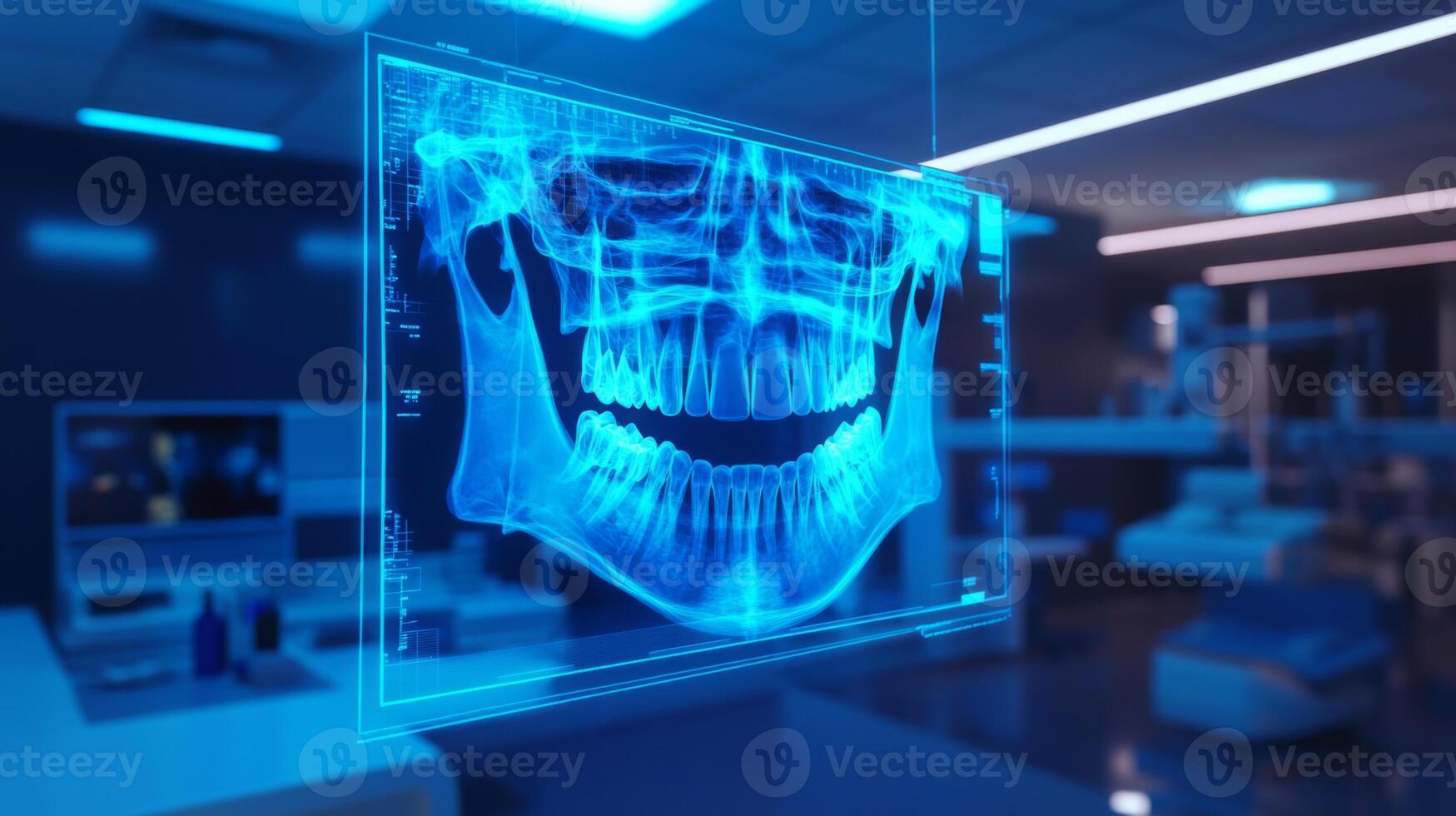 A modern dental clinic utilizes advanced digital imaging to display a virtual x-ray of a jaw. This technology aids in accurate diagnostics and effective treatment planning for patients. photo