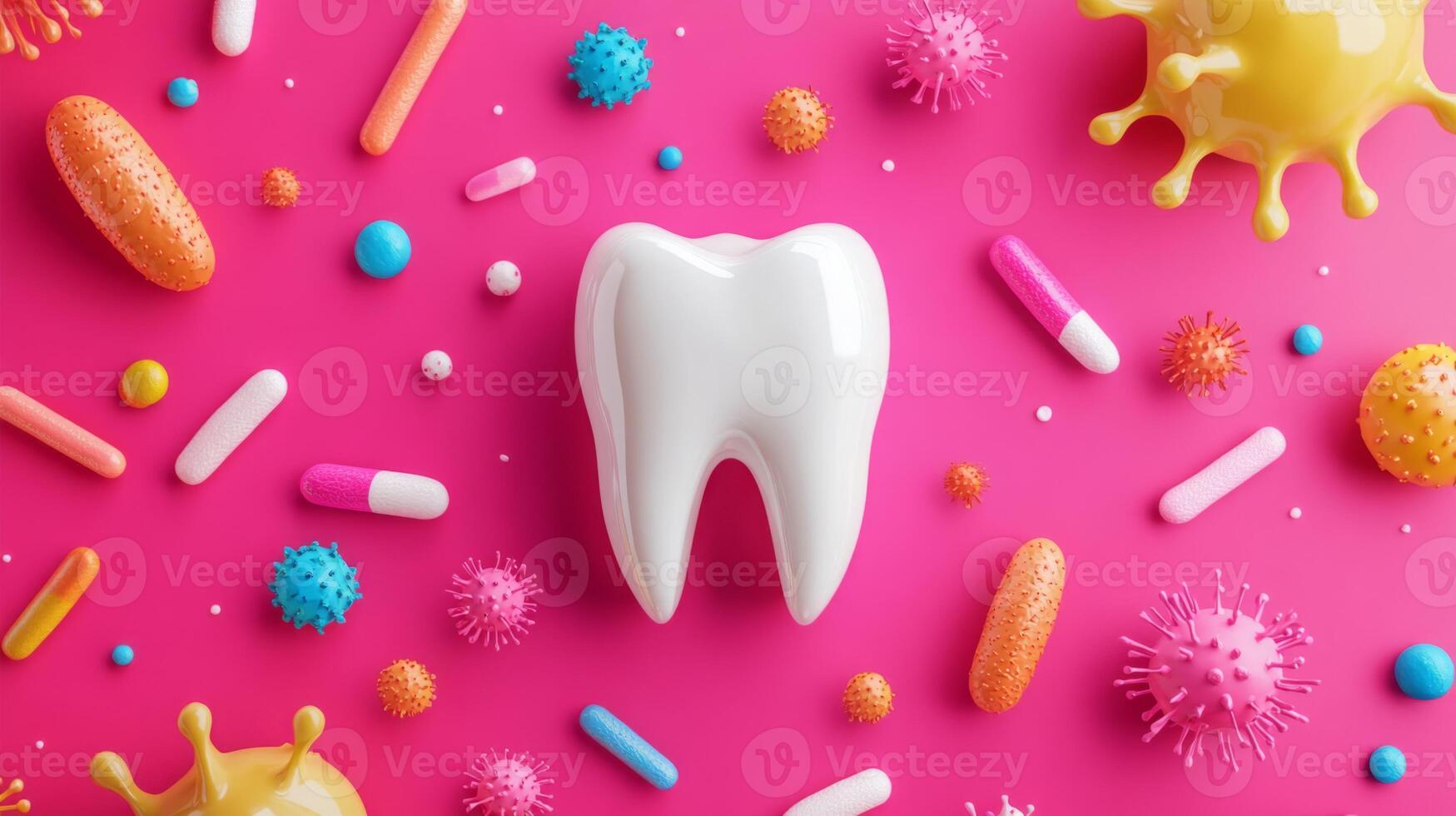 Brightly colored dental setup features a white tooth surrounded by various microbes and dental hygiene products. This artistic representation highlights the importance of dental care and prevention. photo