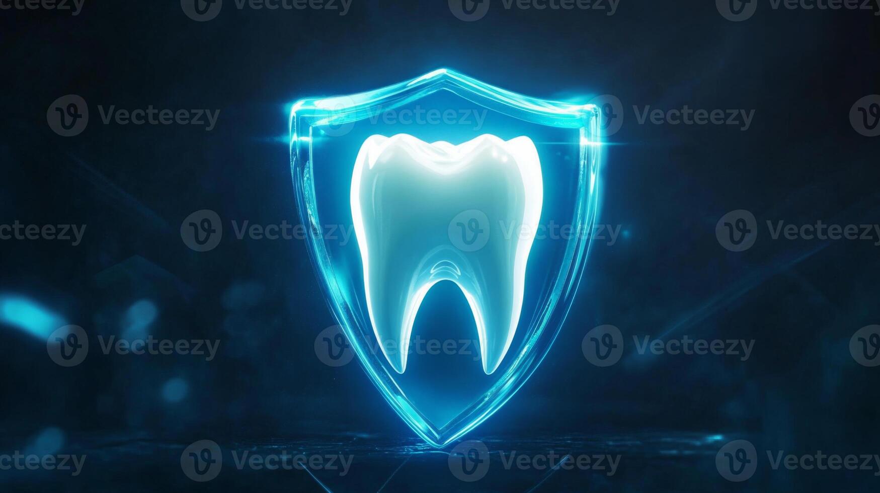 A futuristic representation of dental protection featuring a glowing tooth encased in a shield. This design emphasizes the integration of artificial intelligence in enhancing dental care and safety. photo
