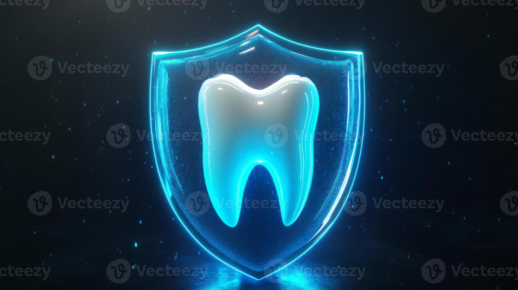 A glowing shield with a tooth design signifies dental protection through advanced technology. The background's dark tones highlight the innovative use of artificial intelligence in dentistry. photo