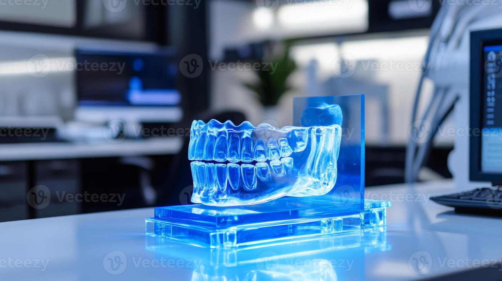 A clear dental model is prominently displayed in a cutting-edge dental clinic. The workspace features sleek design and advanced technology, illustrating the integration of AI in dentistry. photo