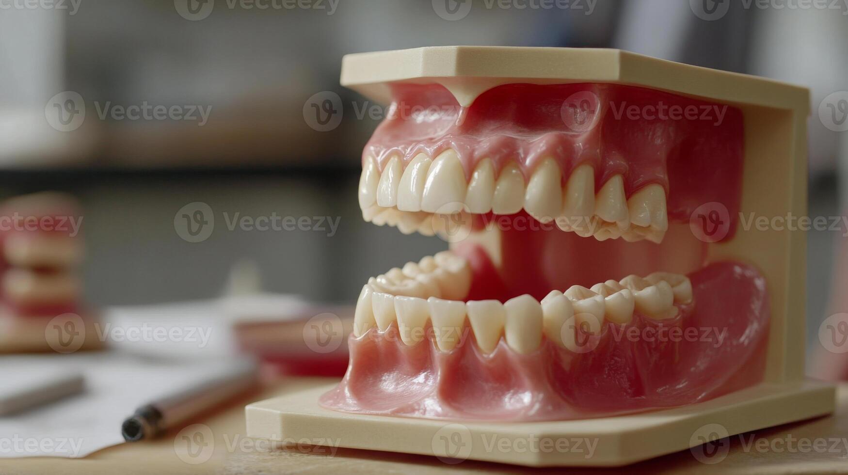 A detailed dental model displays an upper and lower set of teeth, highlighting their structure and arrangement. photo