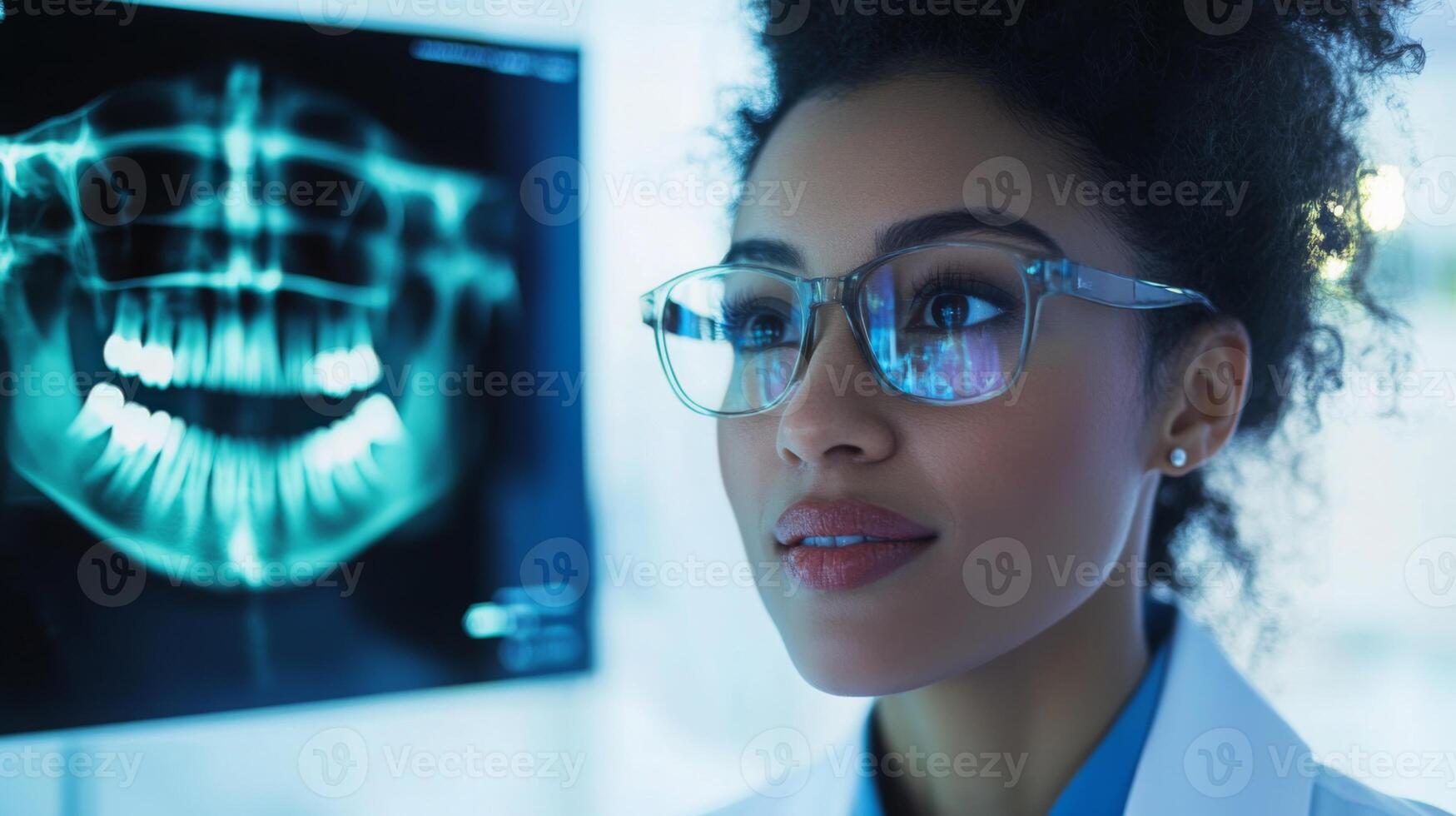 A dentist examines a digital X-ray on a screen in a modern dental clinic. The professional is focused and thoughtful, utilizing advanced technology to enhance patient care and diagnostics. photo