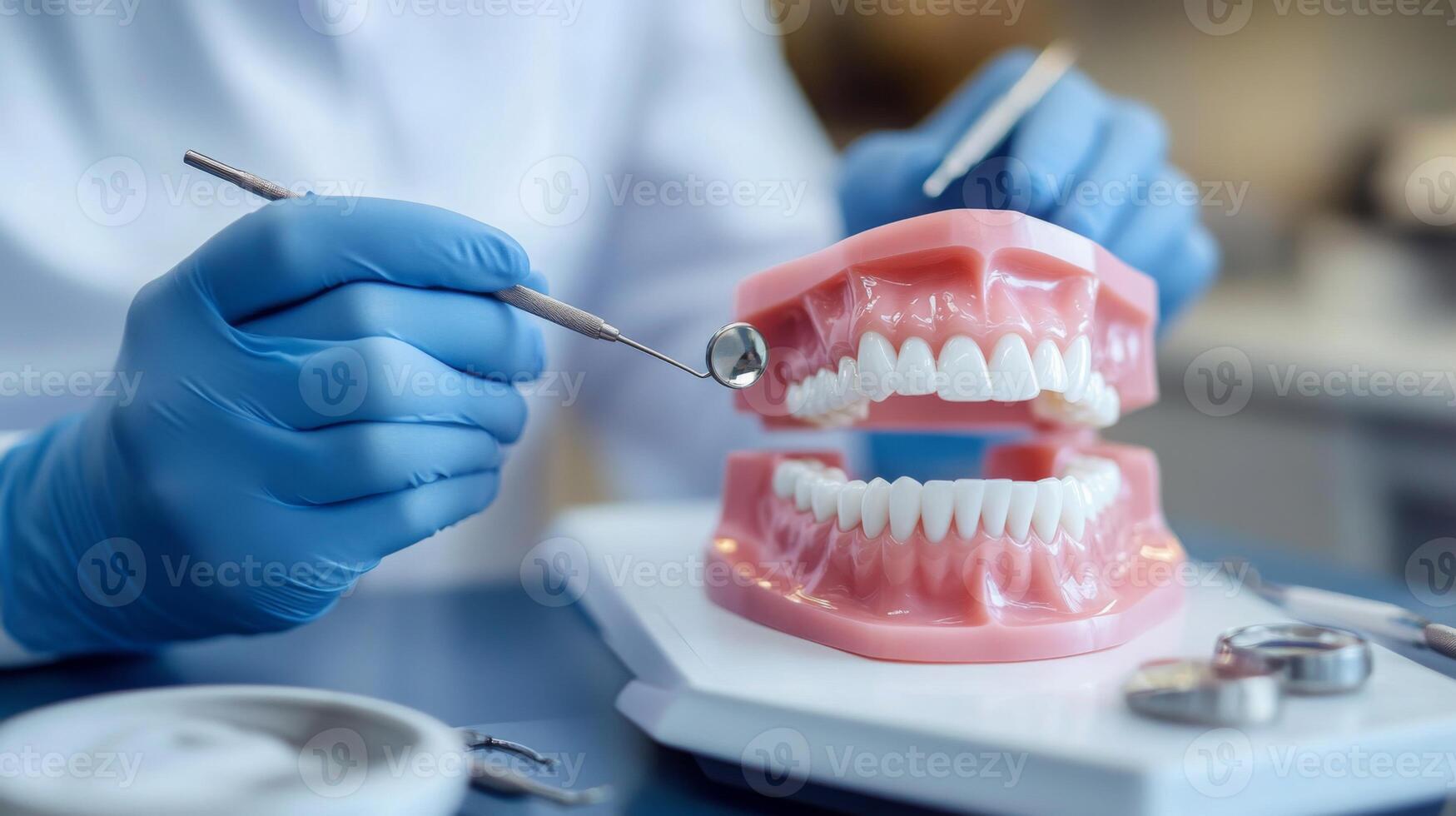 A dental professional examines a detailed dental model using precision instruments. photo