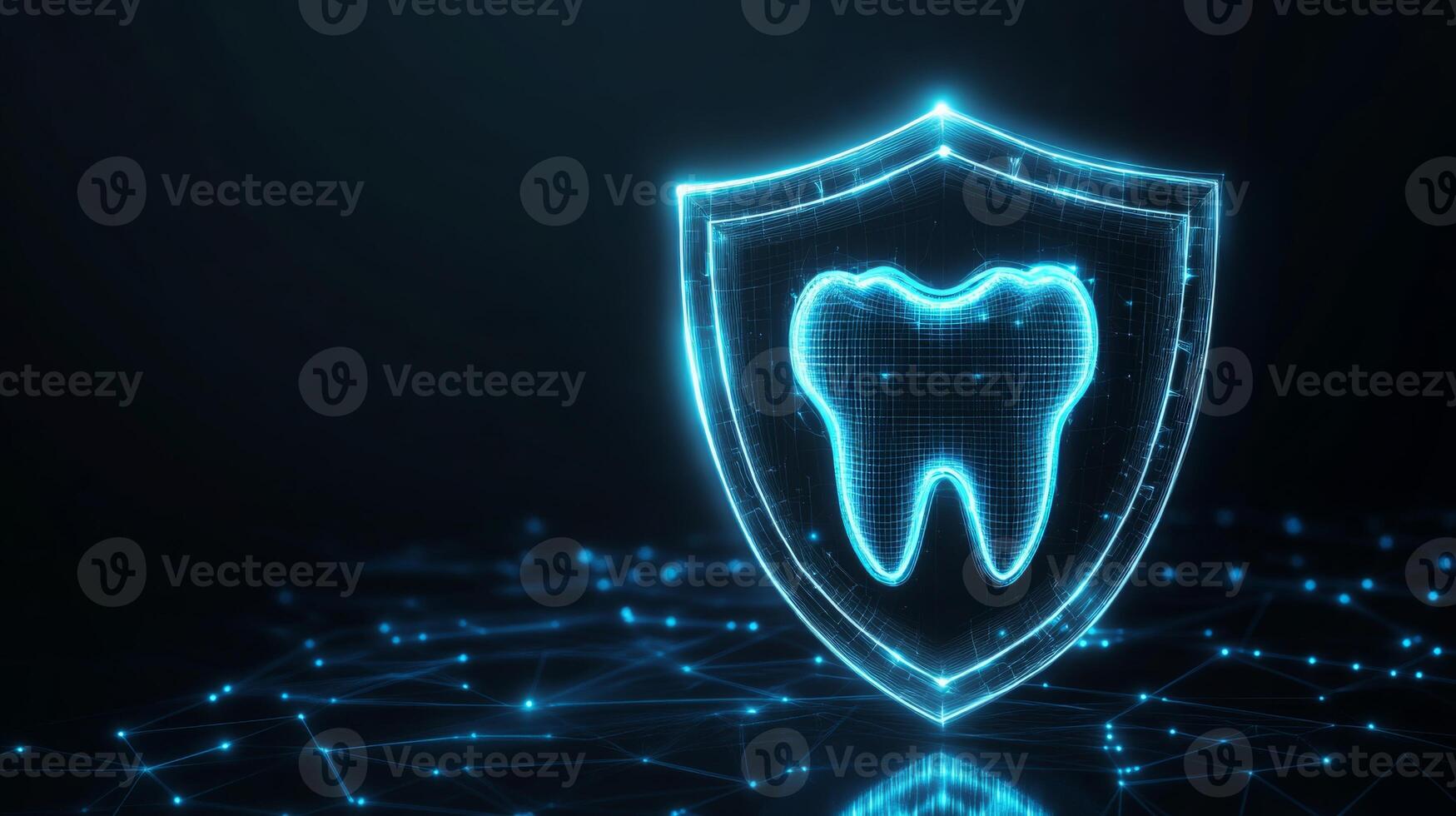 A glowing shield symbolizing protection surrounds a digital tooth graphic, emphasizing the role of artificial intelligence in modern dentistry. photo
