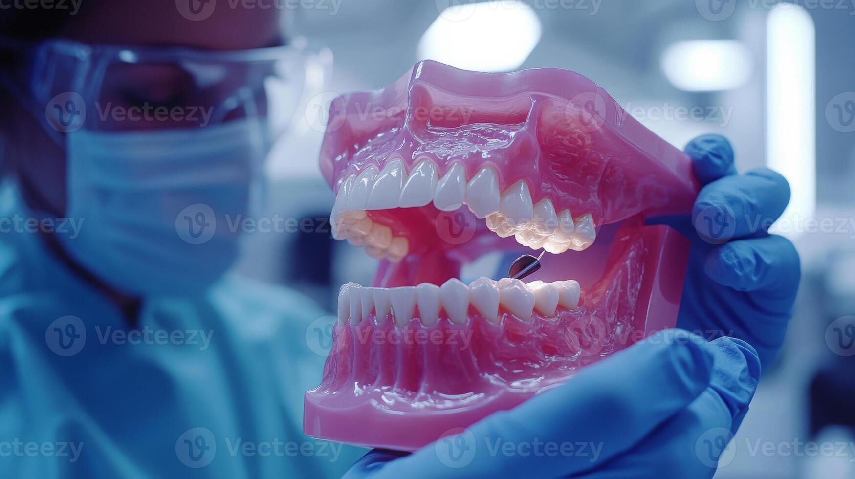 A dental professional examines a 3D-printed model of a human jaw during a demonstration of artificial intelligence applications in digital dentistry. photo