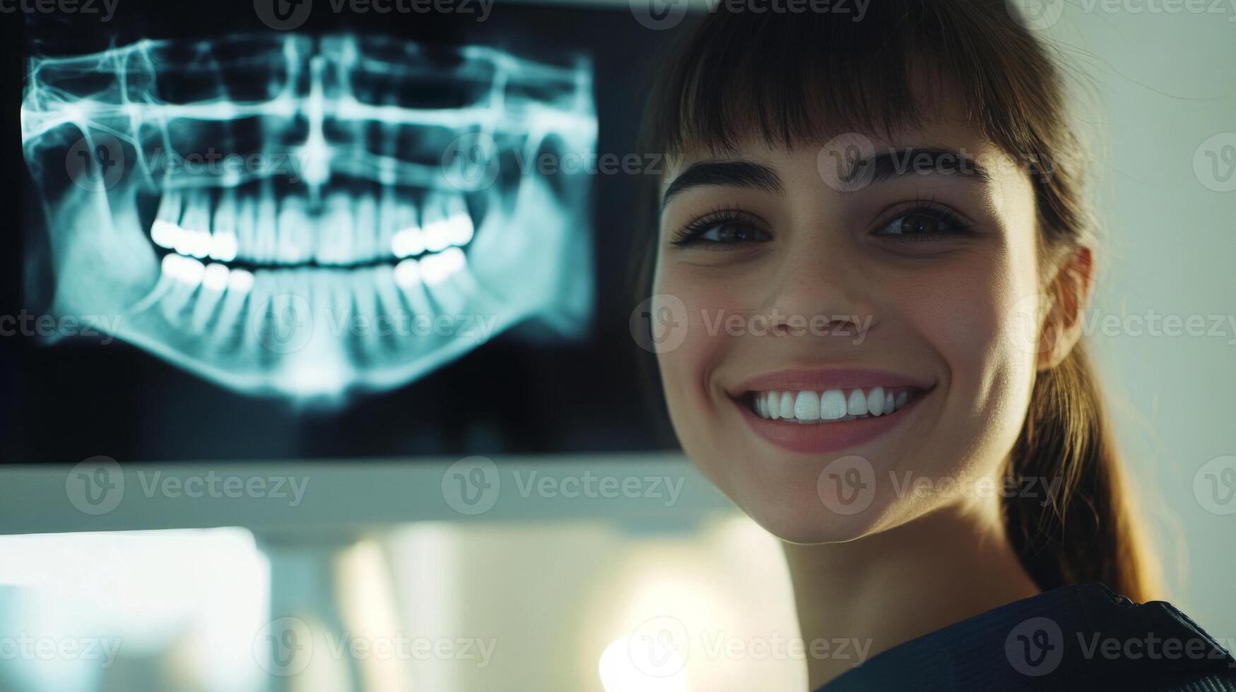 A dental professional examines digital X-ray images in a modern clinic, displaying a warm smile and engaging with a satisfied patient. The atmosphere is bright and welcoming, promoting comfort. photo