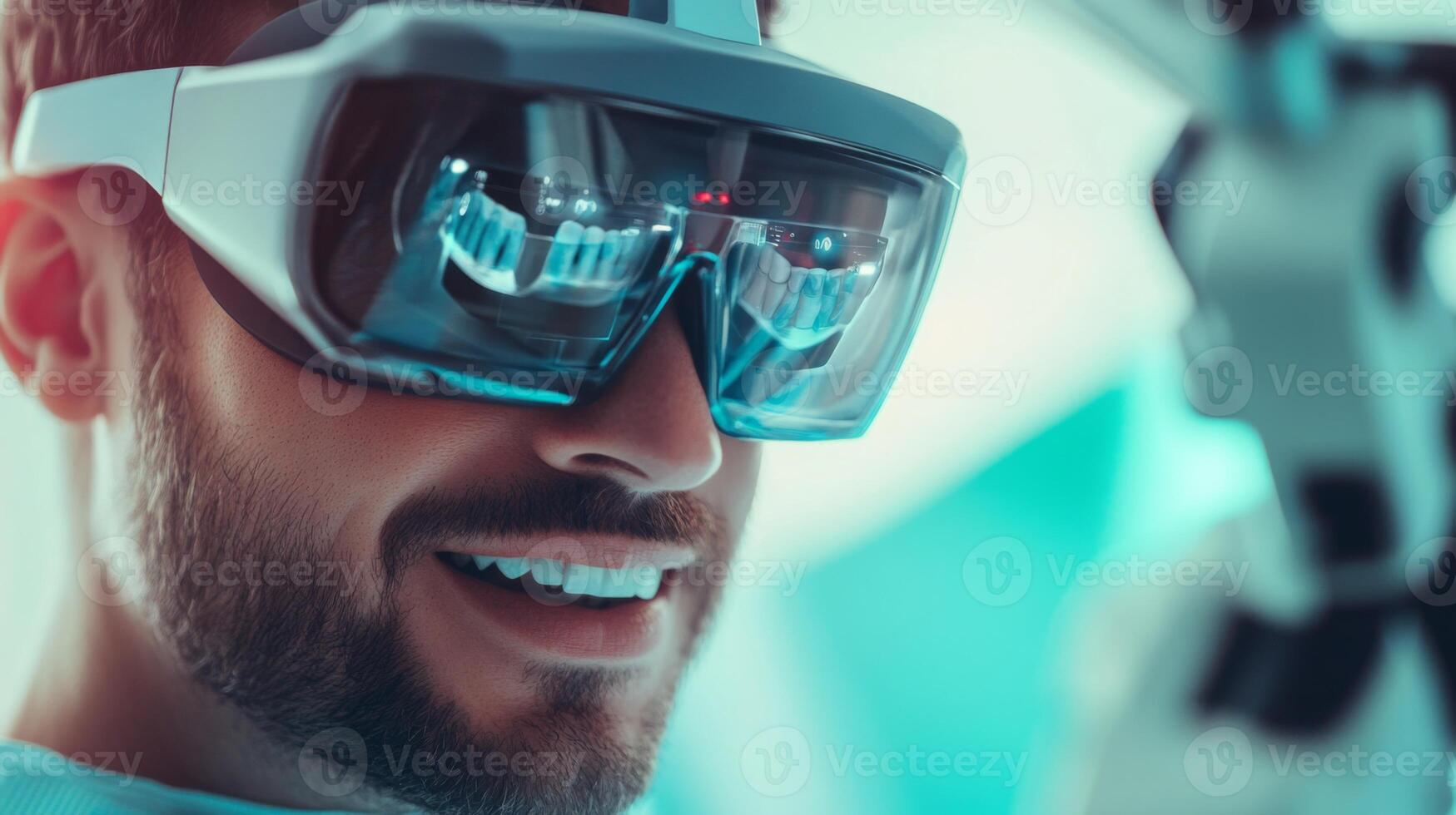 A dentist wearing augmented reality glasses engages with a dental robot, showcasing the integration of AI in oral care. photo