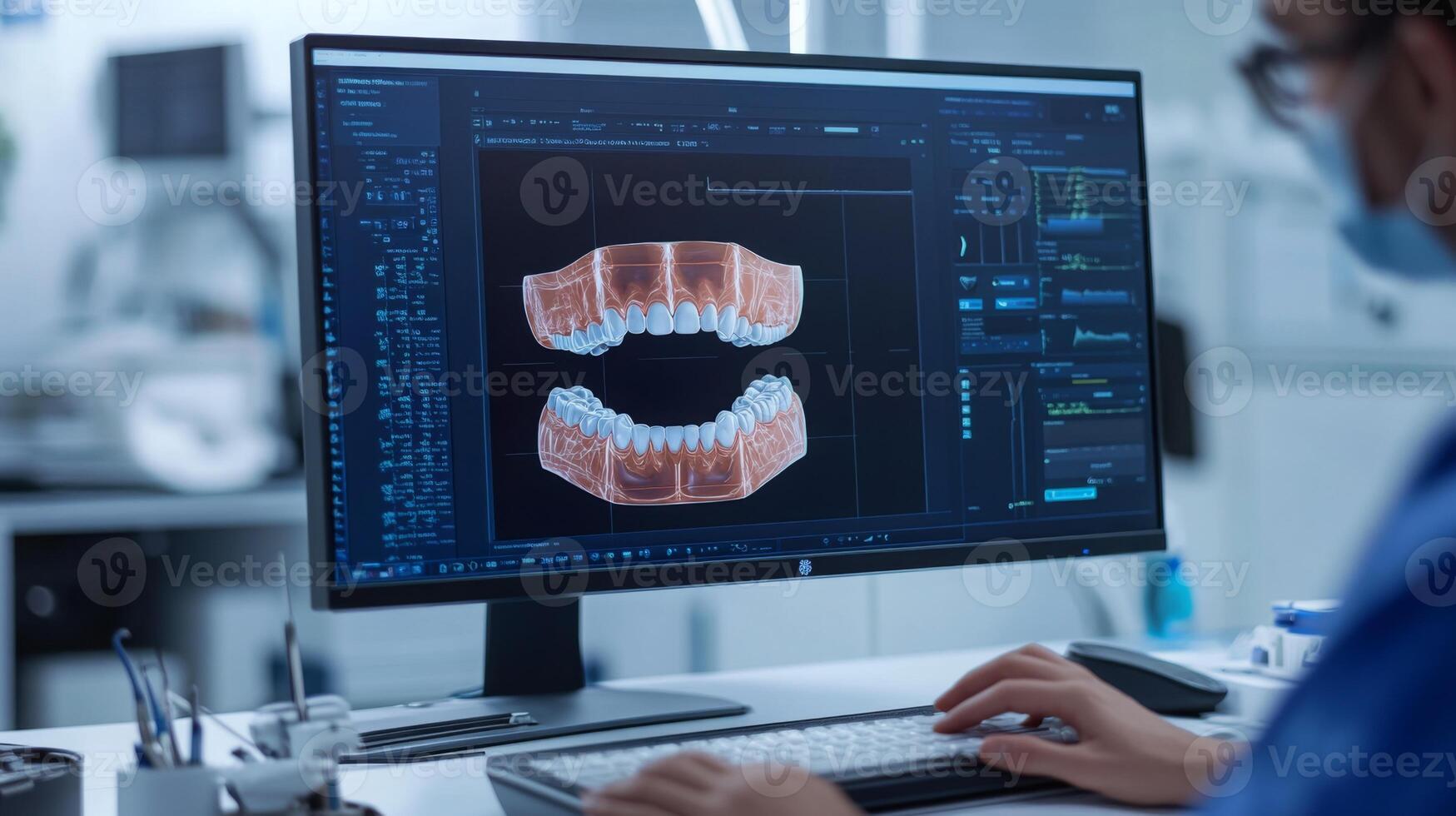 A dental professional analyzes digital 3D representations of teeth on a computer screen in a contemporary clinic. This innovative approach utilizes artificial intelligence to enhance dental care. photo