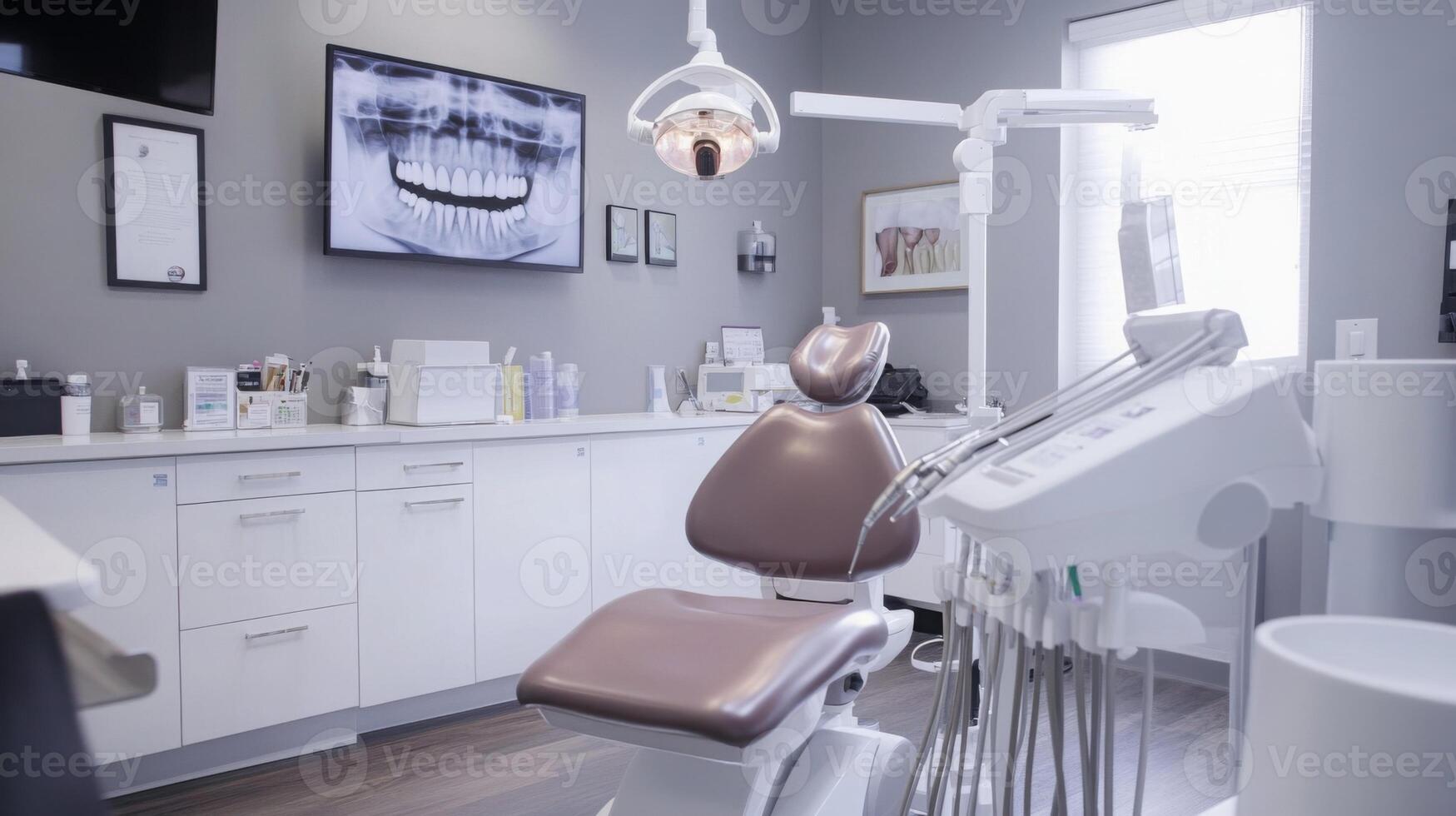 The interior of a contemporary dental clinic features a high-tech dental chair, diagnostic tools, and an x-ray display. This setup emphasizes comfort and cutting-edge care for patients visiting. photo