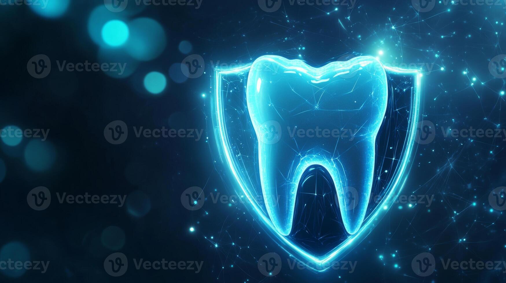 A glowing shield with a tooth design represents the concept of dental protection through advanced artificial intelligence. photo