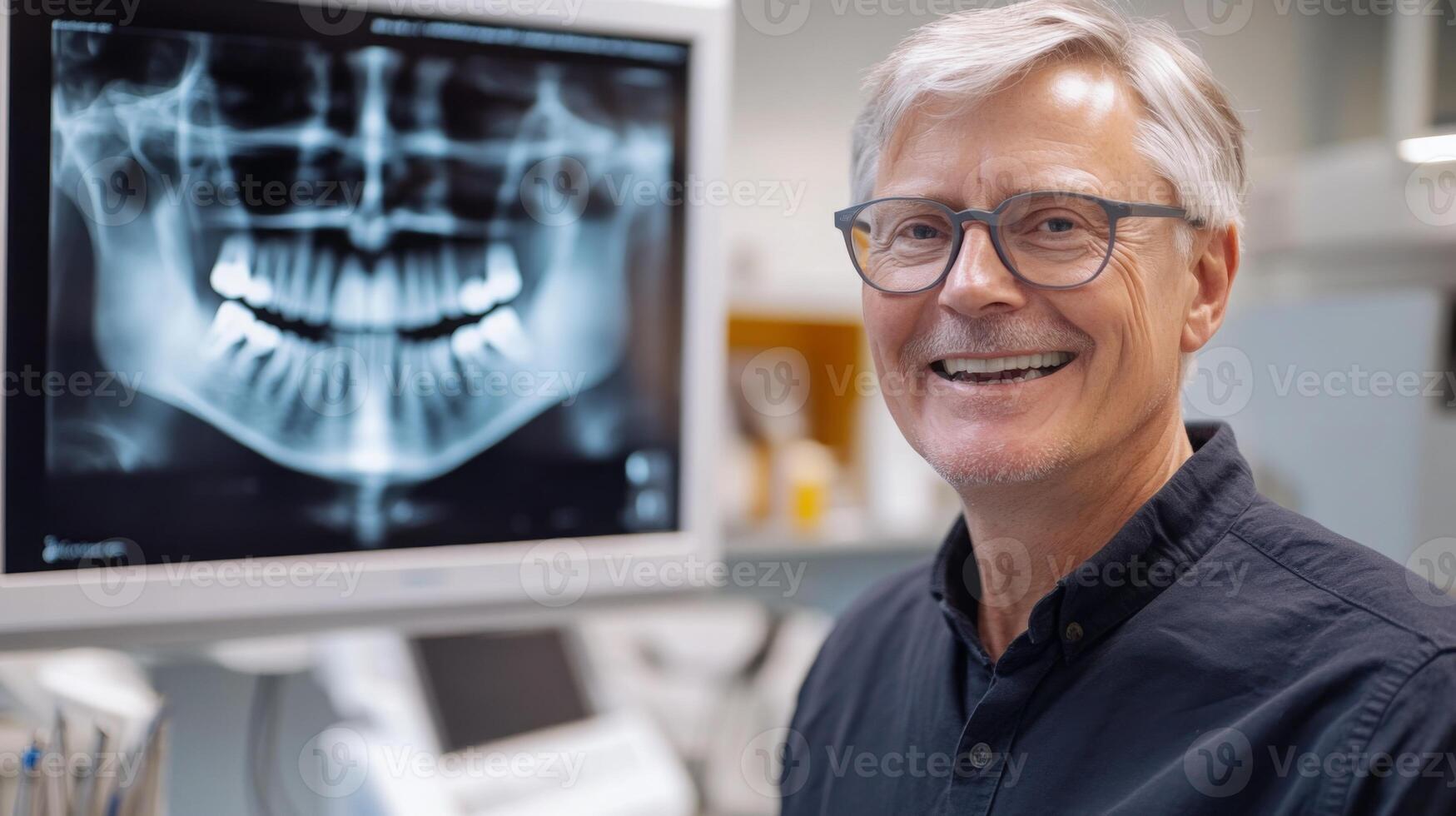 A friendly dentist stands in a modern clinic, smiling at the camera. Behind him, a digital X-ray display shows a detailed dental scan, emphasizing the integration of technology in dental practice. photo