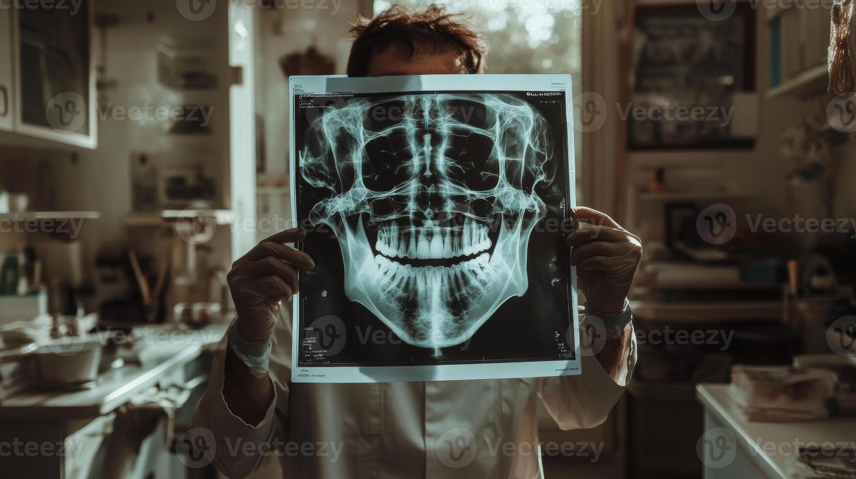 A dental professional holds a digital X-ray showing a patient's smile, showcasing advanced technology in a modern clinic. The expert focuses on analyzing the results for diagnostic purposes. photo