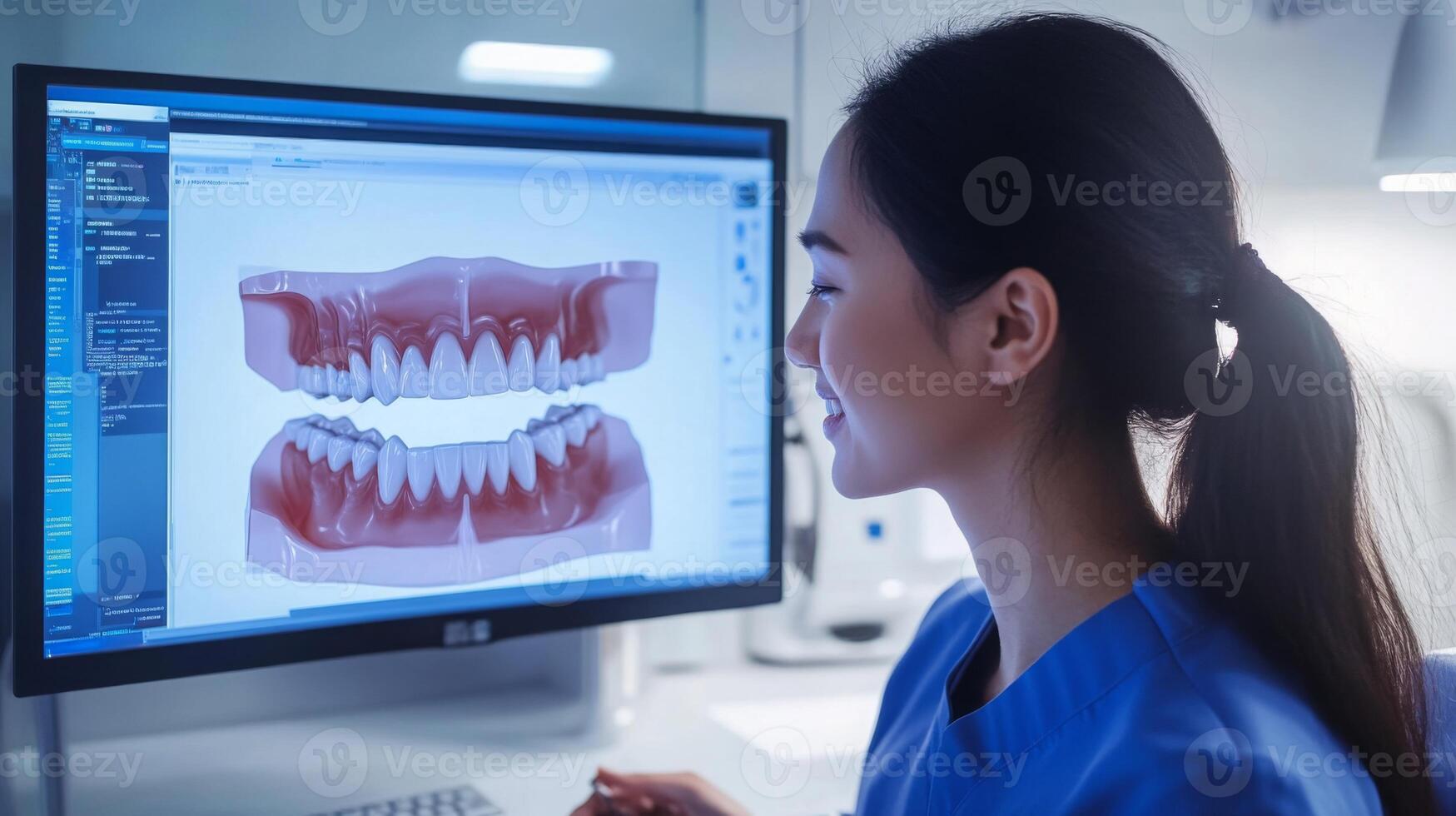 A dental professional reviews digital models of teeth on a computer screen in a contemporary clinic. This innovative workspace highlights the integration of AI in dentistry for improved patient care. photo