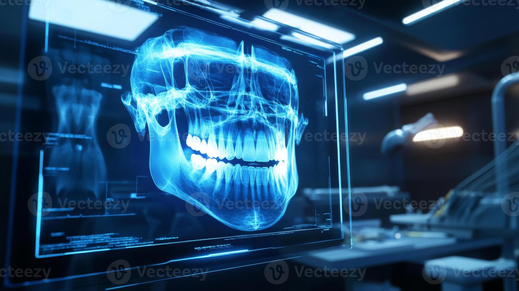 A state-of-the-art dental clinic features an AI-driven digital imaging system displaying a detailed 3D model of a skull. photo