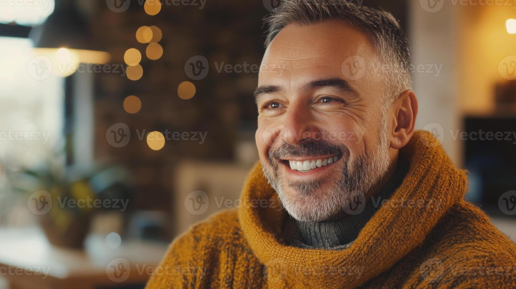 A middle-aged man with a friendly smile sits comfortably in a stylish clinic waiting area. Dressed in a warm sweater, he appears relaxed while surrounded by contemporary dental equipment and decor. photo