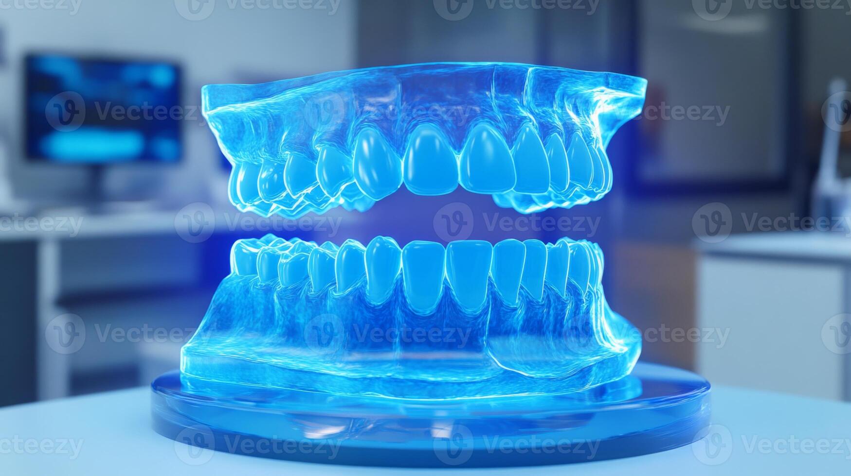 A translucent 3D dental model is prominently displayed in a modern dental office, showcasing advanced digital dentistry techniques. photo