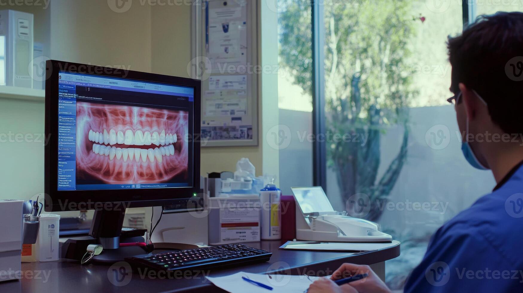 A dental professional analyzes a detailed digital x-ray of a patient's teeth on a computer screen. The well-lit office features modern equipment, enhancing patient care and diagnostic accuracy. photo