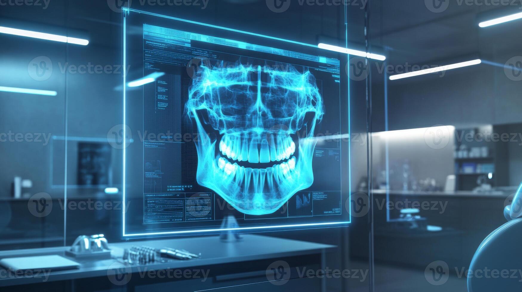 A dental professional uses advanced digital technology to analyze a 3D X-ray of a patient's skull, in a modern dental clinic filled with futuristic equipment and screens. photo