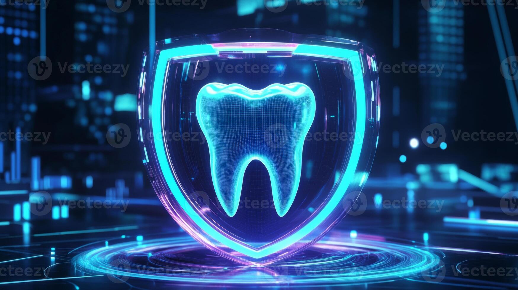 A glowing tooth within a digital shield represents dental protection, highlighting AI's role in enhancing patient care and safety in a futuristic setting. photo